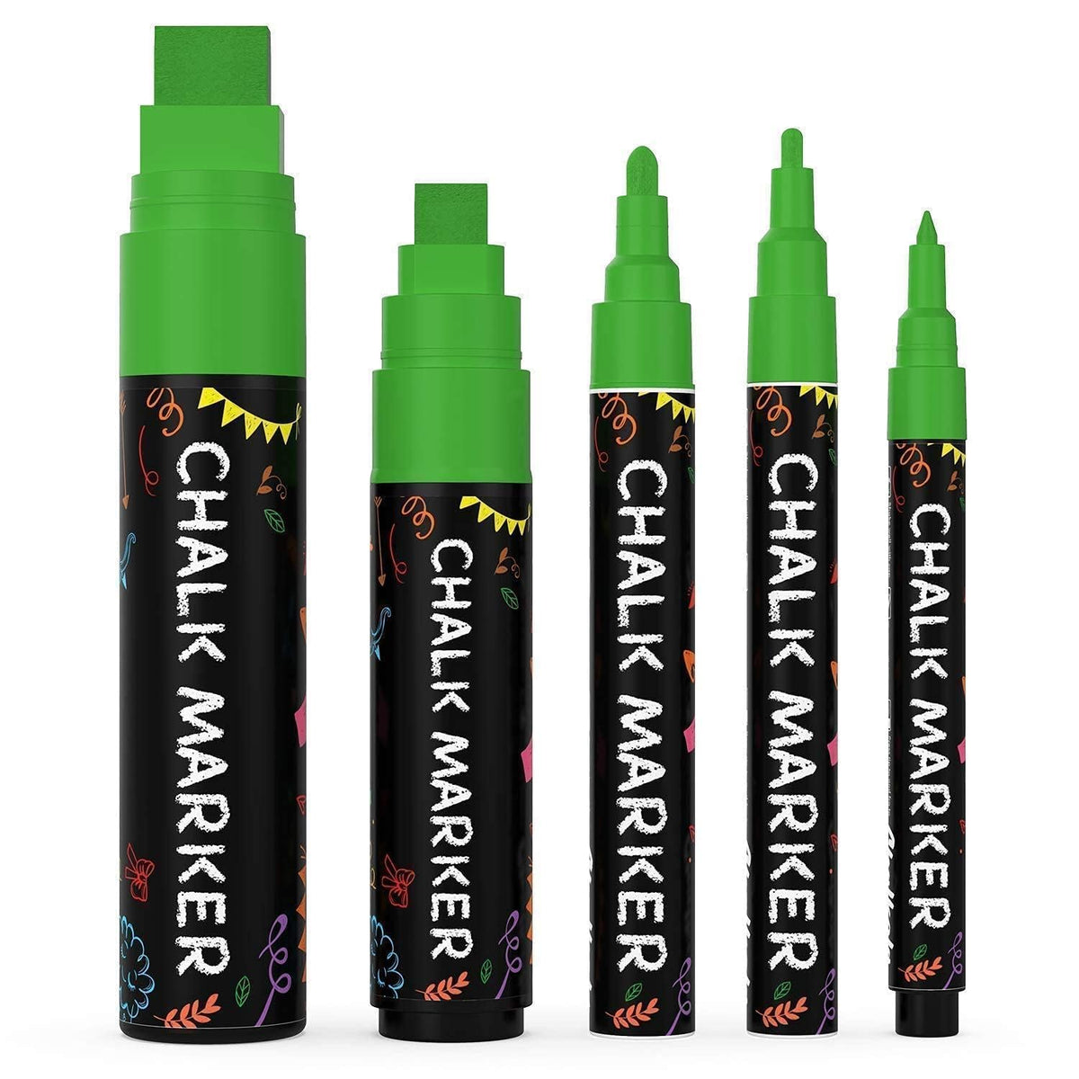 5 Green Chalkboard Chalk Pens - Green Dry Erase Markers for Blackboard, Chalkboard Signs, Windows, Glass | Variety Pack - Fine & Jumbo Size Ink Pen (1mm, 3mm, 6mm, 10mm, 15mm)
