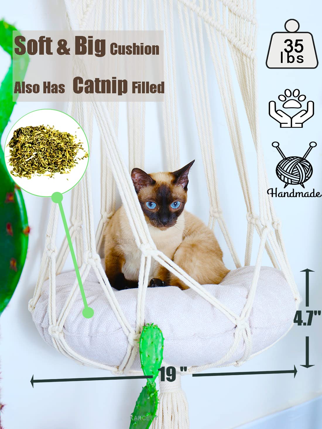 KARCEEY Macrame Cat Hammock Hanging Bed - Boho Wall Swing with Catnip Cushion for Wall Climber & Window Perch - Hardware Kit Included