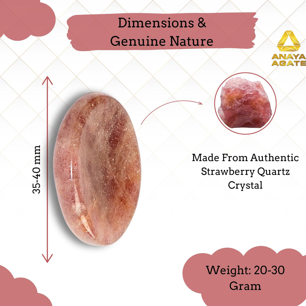 Anaya Agate Strawberry Quartz Worry Stones Certified Crystal Thumb Worry Stone for Anguish Relaxing and Soothing Balance Stones for Meditation, Stress Relief Crystals and Healing Stones for Men, Women