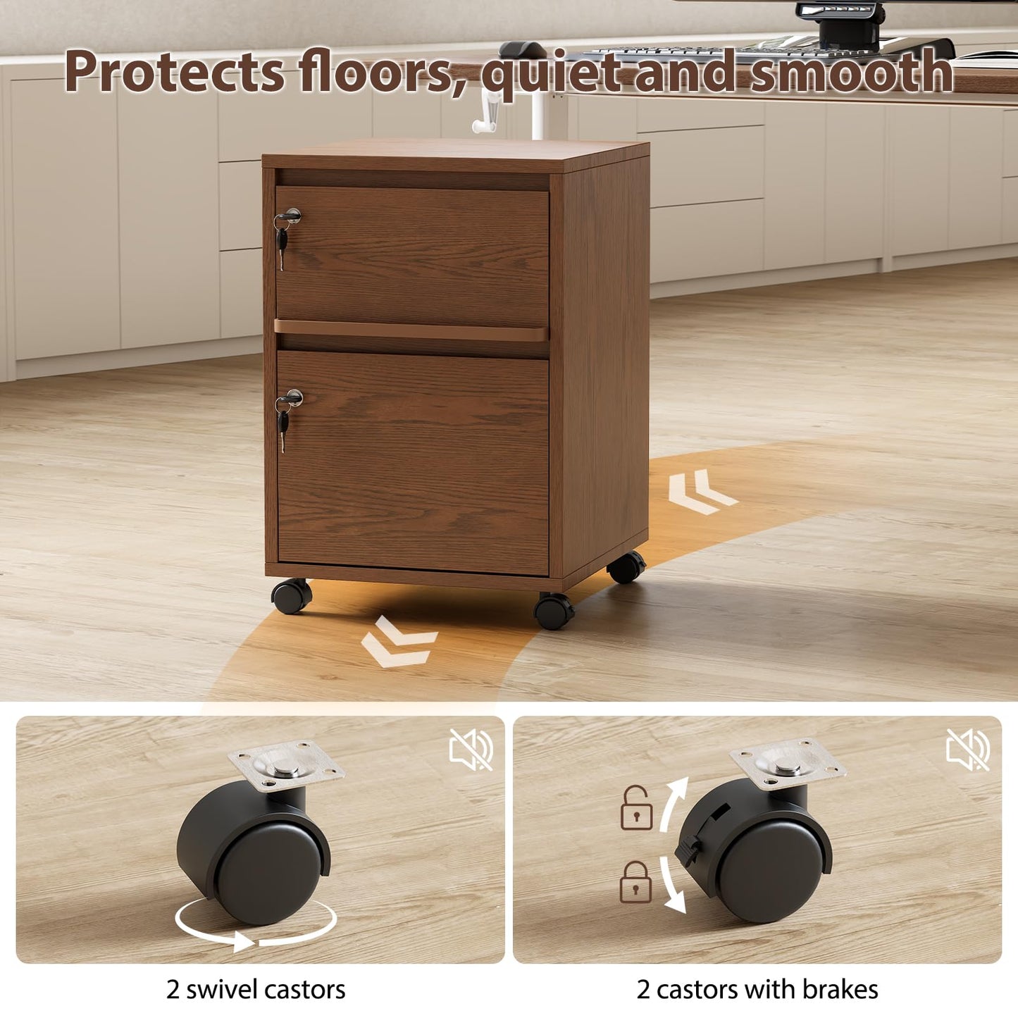 KungFuWood Wheeled Double-Drawer Filing Cabinet, Lockable Mobile File cabinets, Suitable for Home Offices or Storage cupboards for Storing Legal documents or Letter-Sized Files.