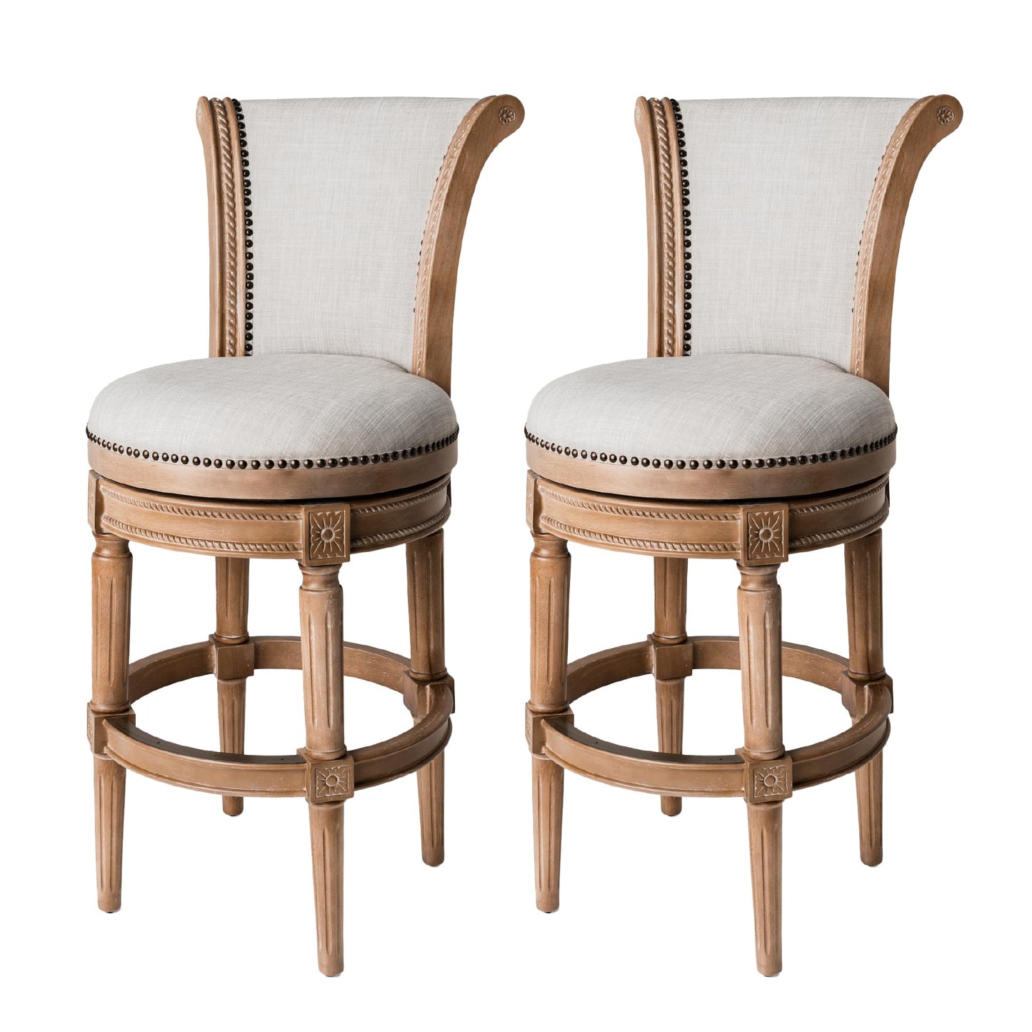 Maven Lane Pullman Bar Stool 31 Inches – Set of 2 – Swivel Stools with Footrest – Light Brown Solid Wood Frame & Natural Fabric Upholstery – Perfect for Bars, Pub Tables & Tall Kitchen Counters