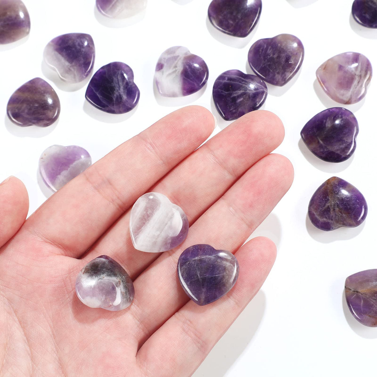 Patelai 24 Pcs Amethyst Heart Crystals Purple Heart Shaped Stones Natural Healing Worry Stones Mini Pocket Gemstone with Black Flannelette Bag for Valentines Gift Reiki Balancing