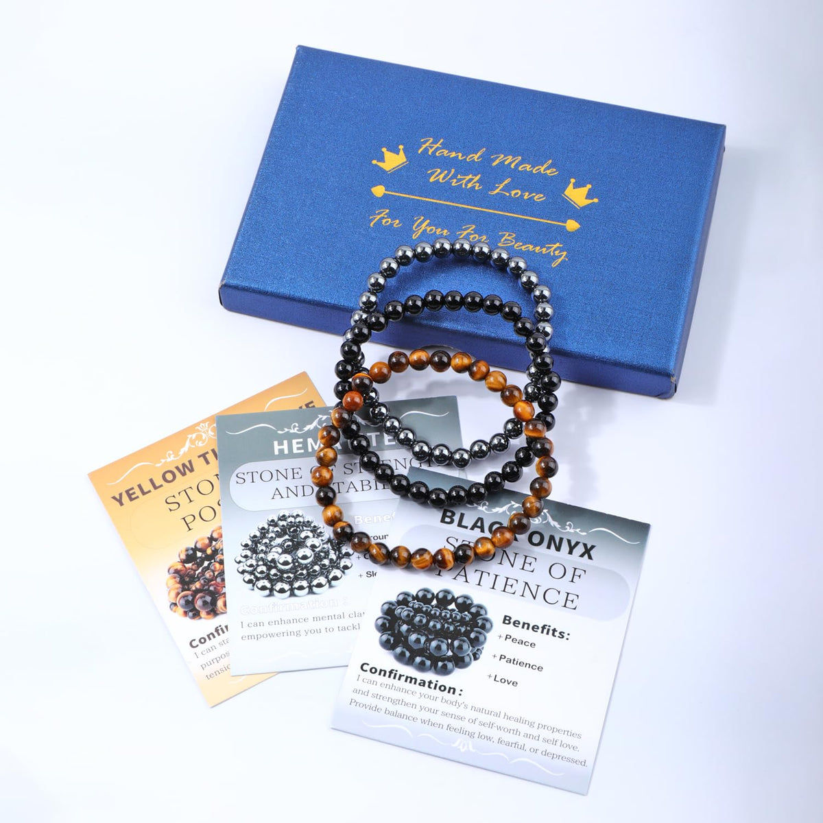NCB 3-Piece 6mm Natural Crystal Gemstone Stretch Bracelets – ﻿Black Onyx, Hematite, Yellow Tiger's Eye Handmade Reiki Energy Healing Jewelry for Meditation,Yoga, Unisex