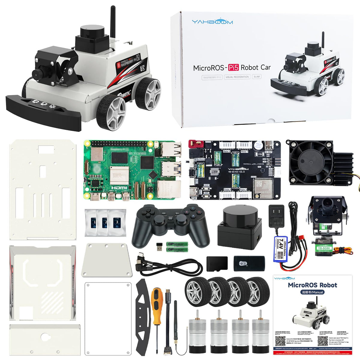 Yahboom Raspberry Pi 5 AI Visual ROS2 Smart Robot Car Kit 2DOF Carmer Autonomous Driving Lidar Stem Education Project for Teen Engineers Students (with Raspberry Pi5-8GB), White