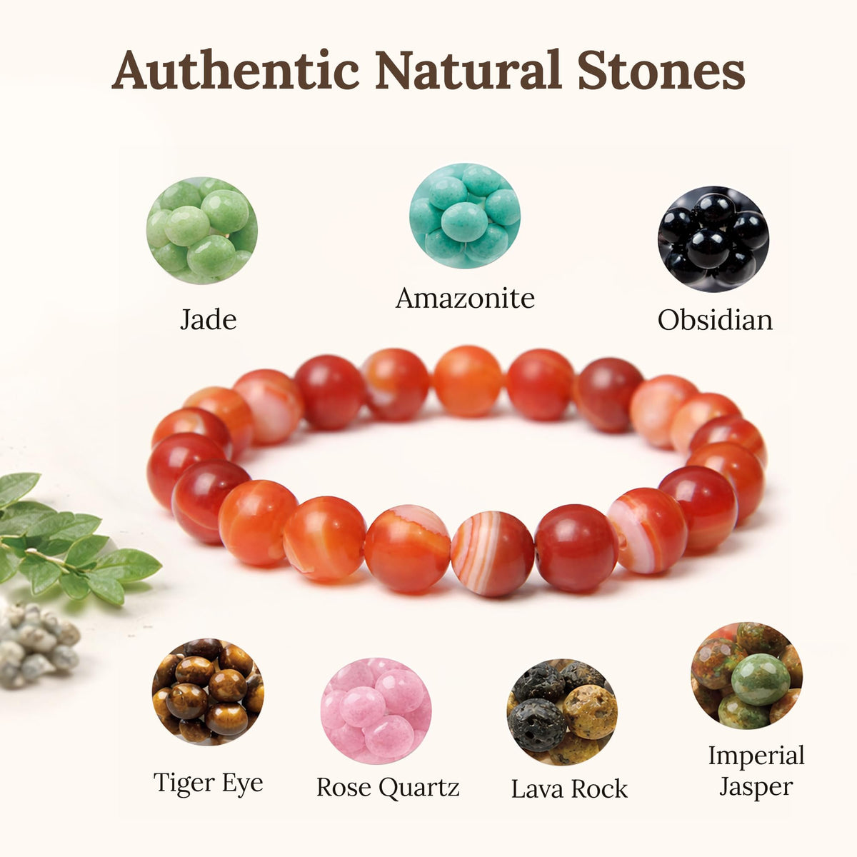 Elm City Direct 8mm Natural Stone Beaded Bracelet – Unisex Crystal Stretch Bracelets for Men & Women, Chakra & Healing Jewelry, Gift-Ready Beaded Bracelets (Red Sardonyx, 8mm)