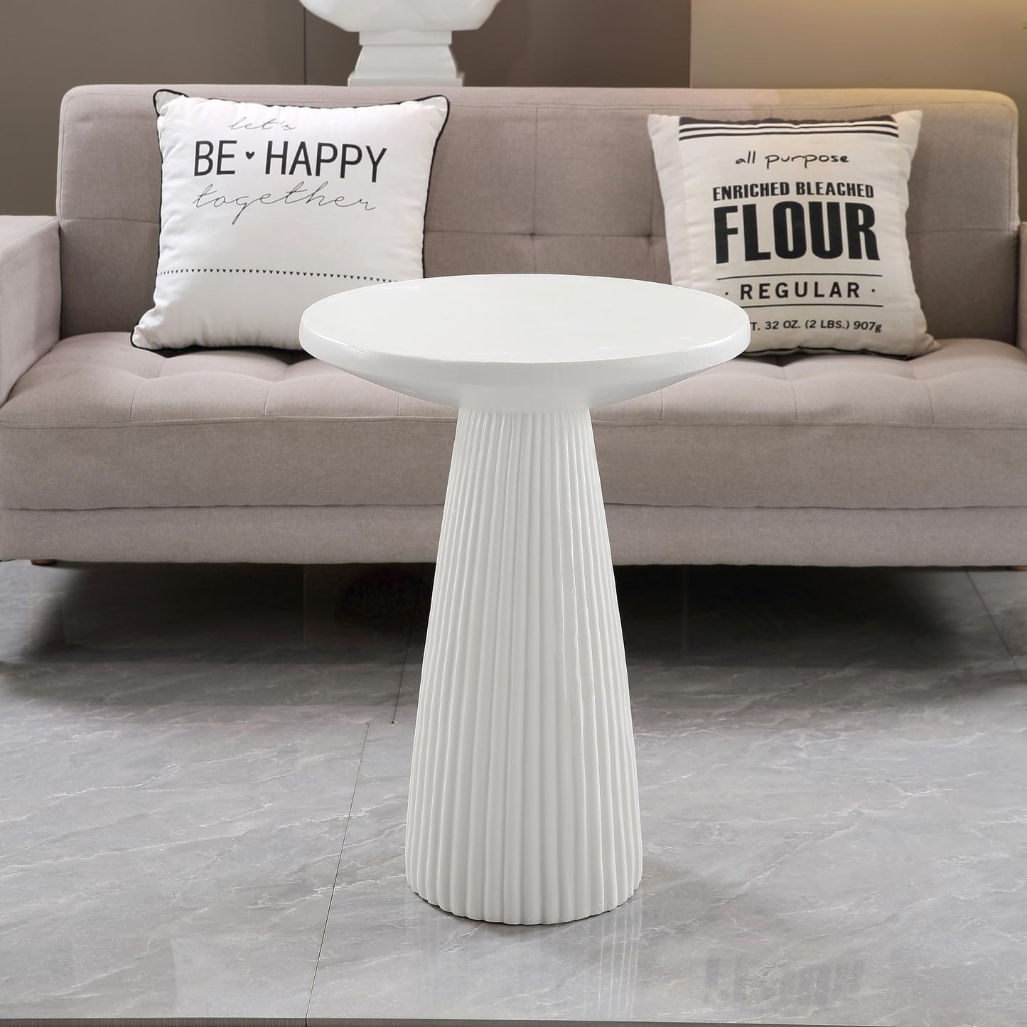 KEIKI Magnesium Oxide Fluted Base Side Table, 19.69" Round End Table for Indoors, Outdoors, Mid-Century Modern Side Table, Circle Fluted End Table for Living Room Patio, Ivory White