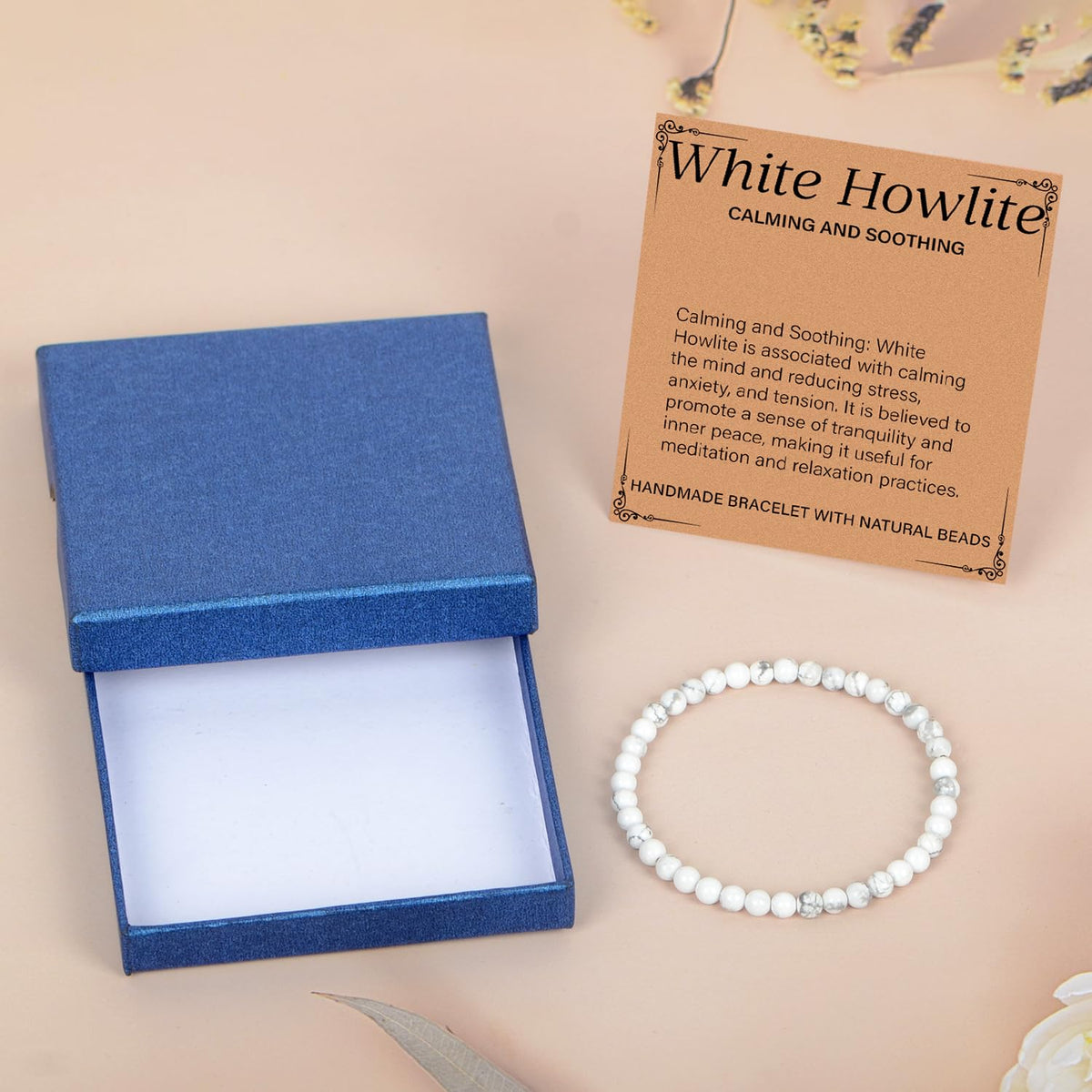 LPBeads Handmade Natural Gemstone Stretch Elastic 4mm White Howlite Bracelet Healing Crystal Round Stone Beads Jewelry Gifts for Women Men