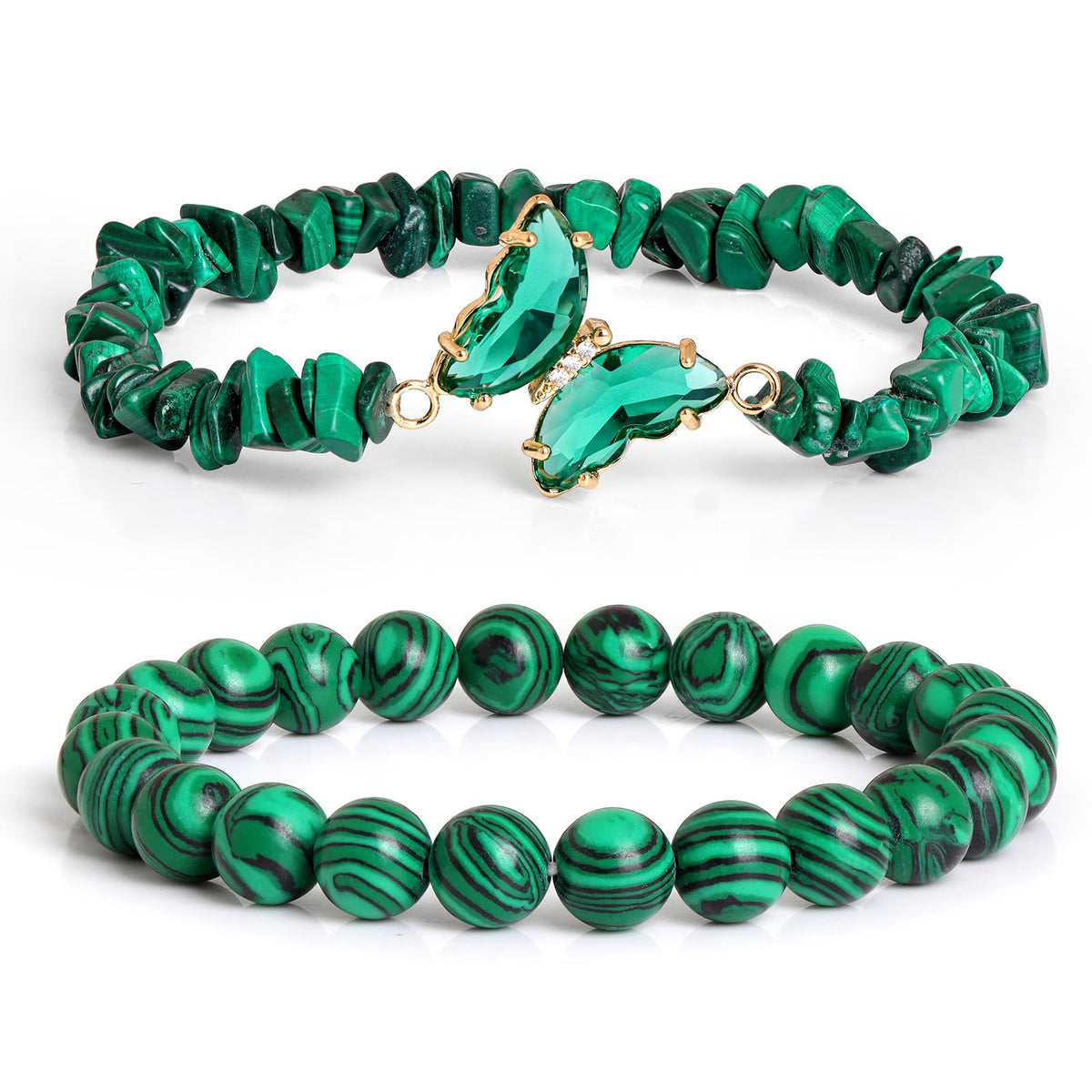 GolbalJew Malachite Stone Bracelet for Women Healing Crystal Stone Bracelets Green Gemstone Beads Stretch Bracelet Butterfly Charms Jewelry Women Gift