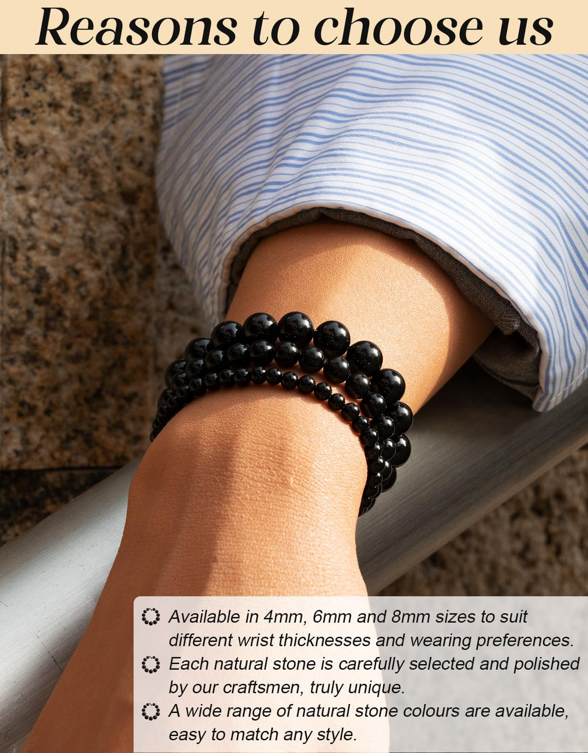 Landorilo Beaded Bracelet for Men Women, 6mm Natural Stone Black Tourmaline Healing Crystal Stretch Bracelets, Ideal Christmas Birthday Jewelry Gifts with Energy Card，Replacement Beads Included