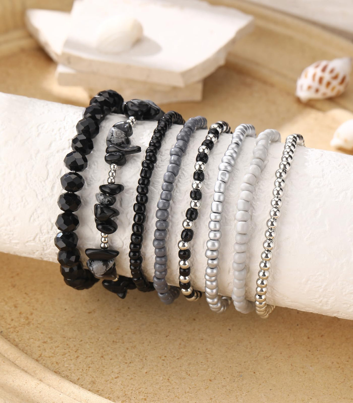 Noessla Boho Beaded Bracelets for Women Stackable Irregular Natural Stone Bead Stretch Bracelet Set 8PCS Costume Jewelry Gifts for Her(Black Grey)
