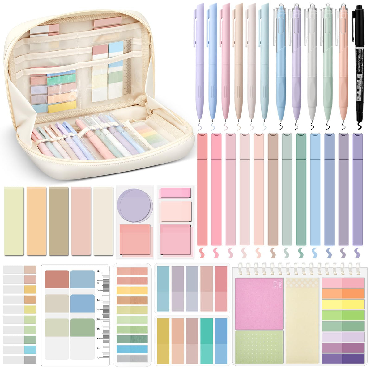 Jutom 41 Pcs Aesthetic Book Annotation Kit with Pencil Bag Bible Journaling Kit Notebook Sticky Note Tab Highlighter Black Ink Pen Page Marker School Office Supplies Bible Lover Gift(Beige)