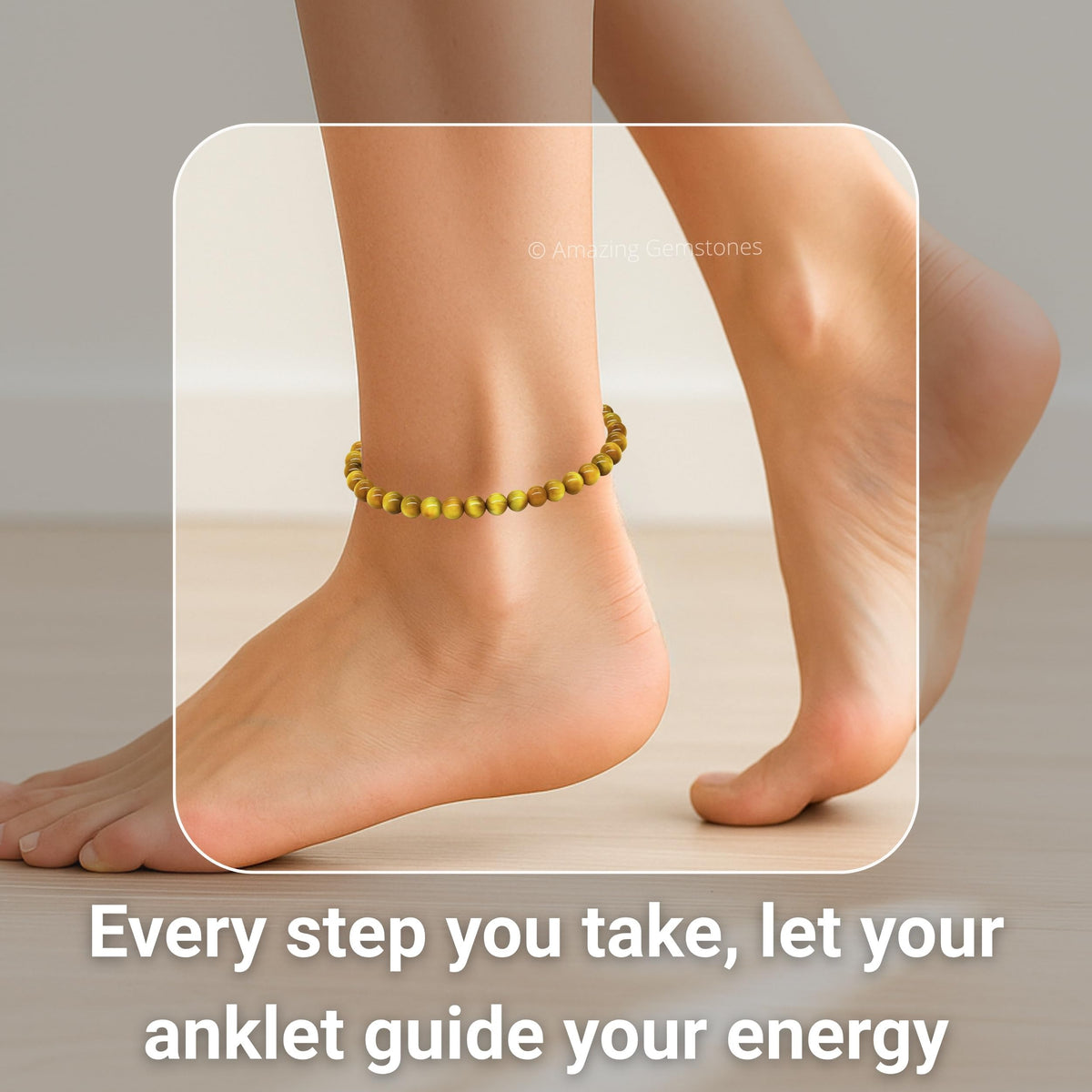 Amazing Gemstone Yellow Cat's Eye Anklet Ankle Bracelets for Women - Waterproof Beaded Healing Crystal Anklets, Plus Size Chakra Gemstone Bead Anklet (Stretchy Adjustable - Plain)