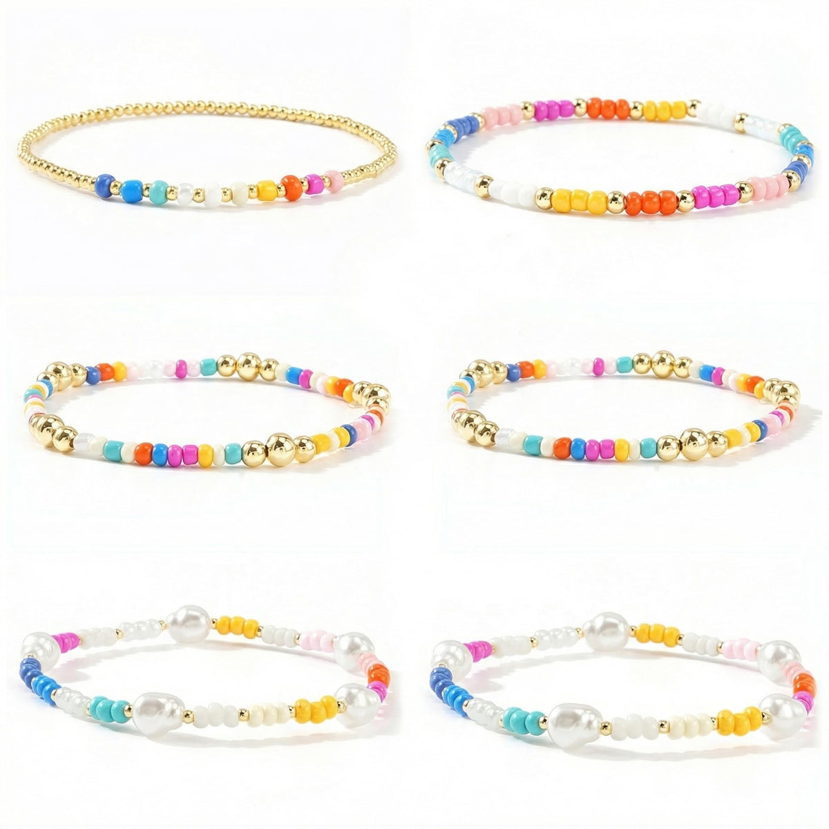 Bohxantium Gold Beaded Bracelets for Women Stack - Boho 14K Gold Plated Stretch Stackable Bracelets Set Pearl Colorful Seed Beads Trendy Dainty Jewelry Summer Beach Jewelry Gift