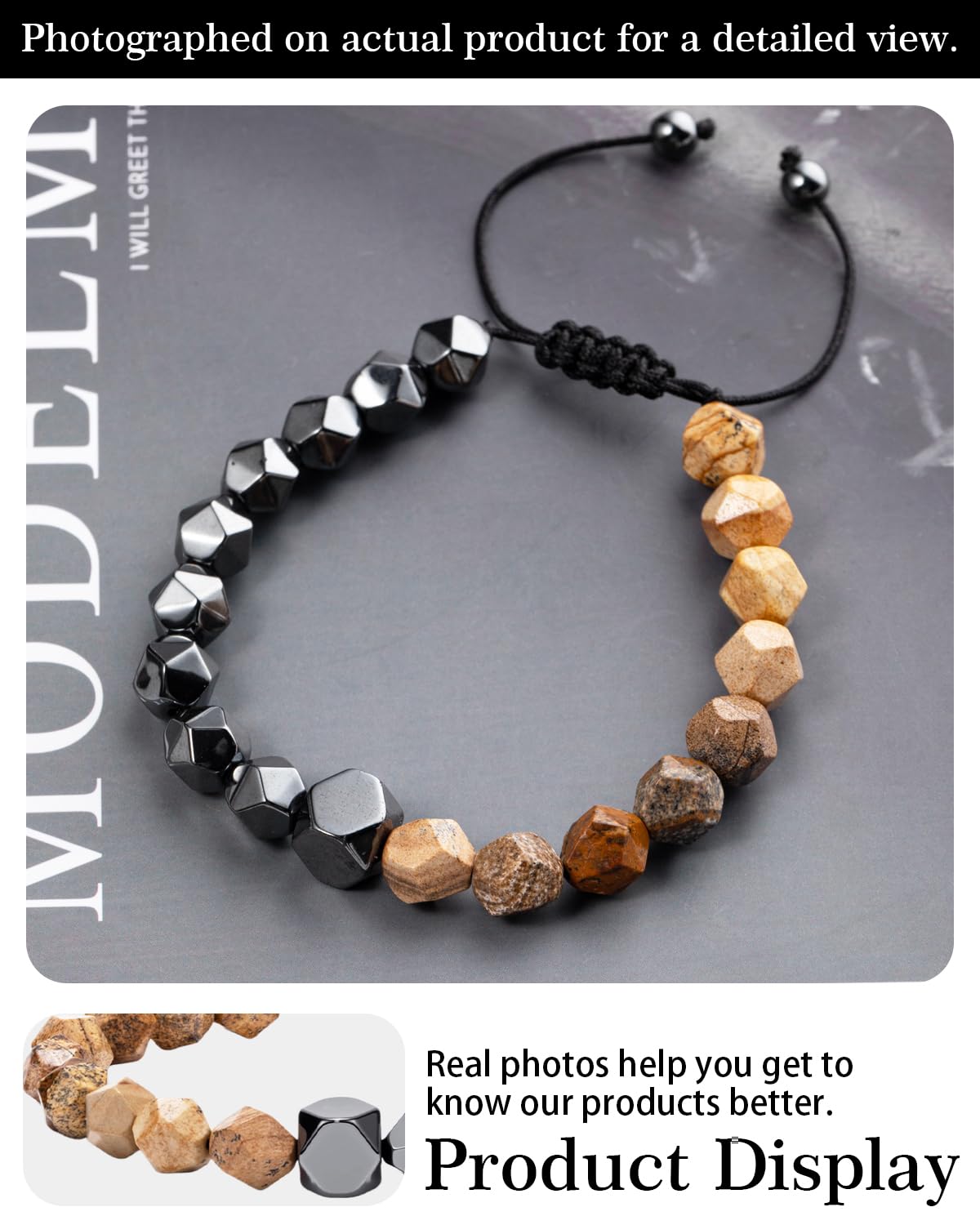 Beaded Bracelet for Men, 10mm Natural Stones Bracelet for Men's Gift, Adjustable Precision-Cut Gemstone Crystal Healing Bracelet, Protection Jewelry Gift with Hematite, Tiger Eye (Picture Stone & Hematite)