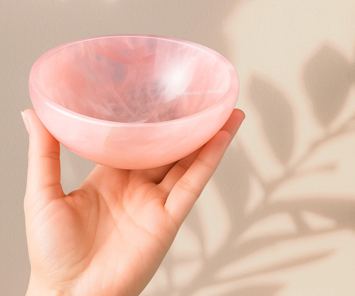 Rose Quartz Crystal Bowl - 3 Inch Decorative Bowls for Room and Home Decor - Gemstone Healing Crystals for Elegant Display, Positive Energy Balance and Gift
