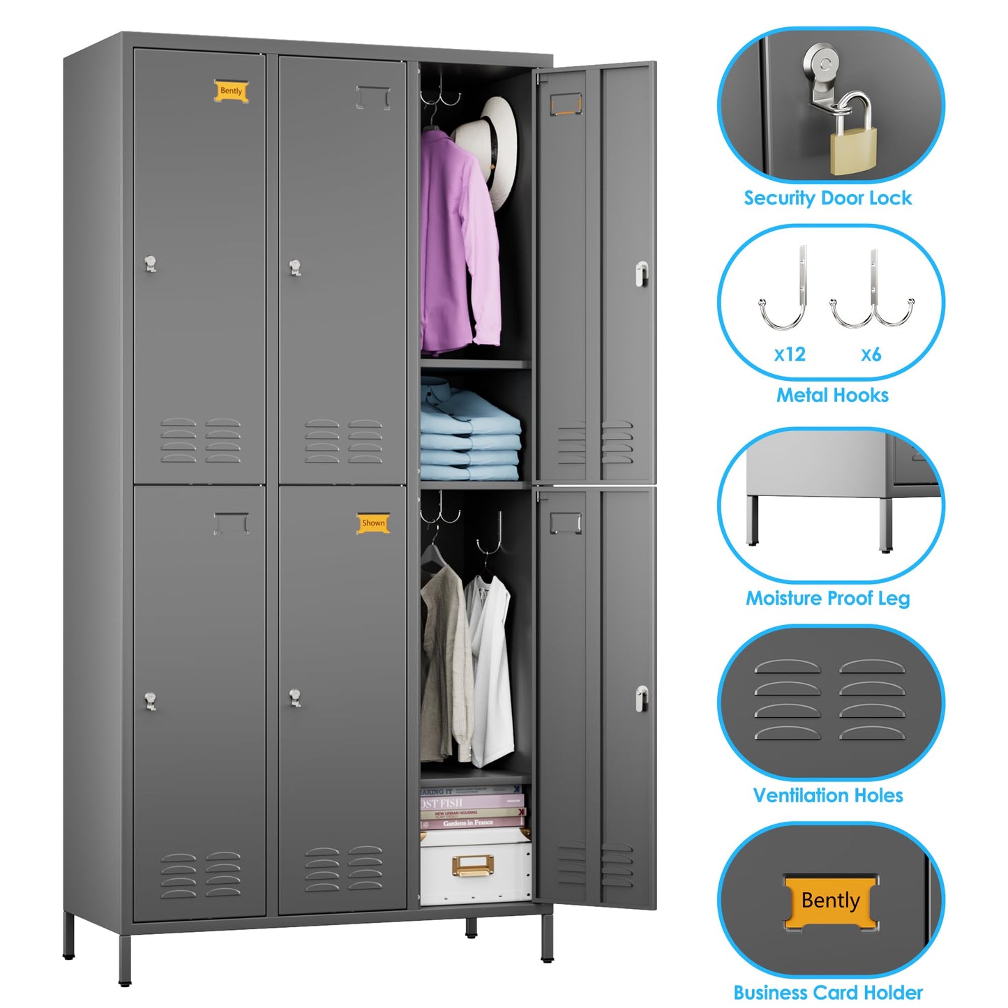 METALYEYE 6 Doors Metal Storage Lockers for Employees,Industrial Steel Storage Locker with 18 Hooks & Air Hole for Gym,School,Garage,Office,Assembly Required,Dark Gray,72''H*35.43''W*15.75''D