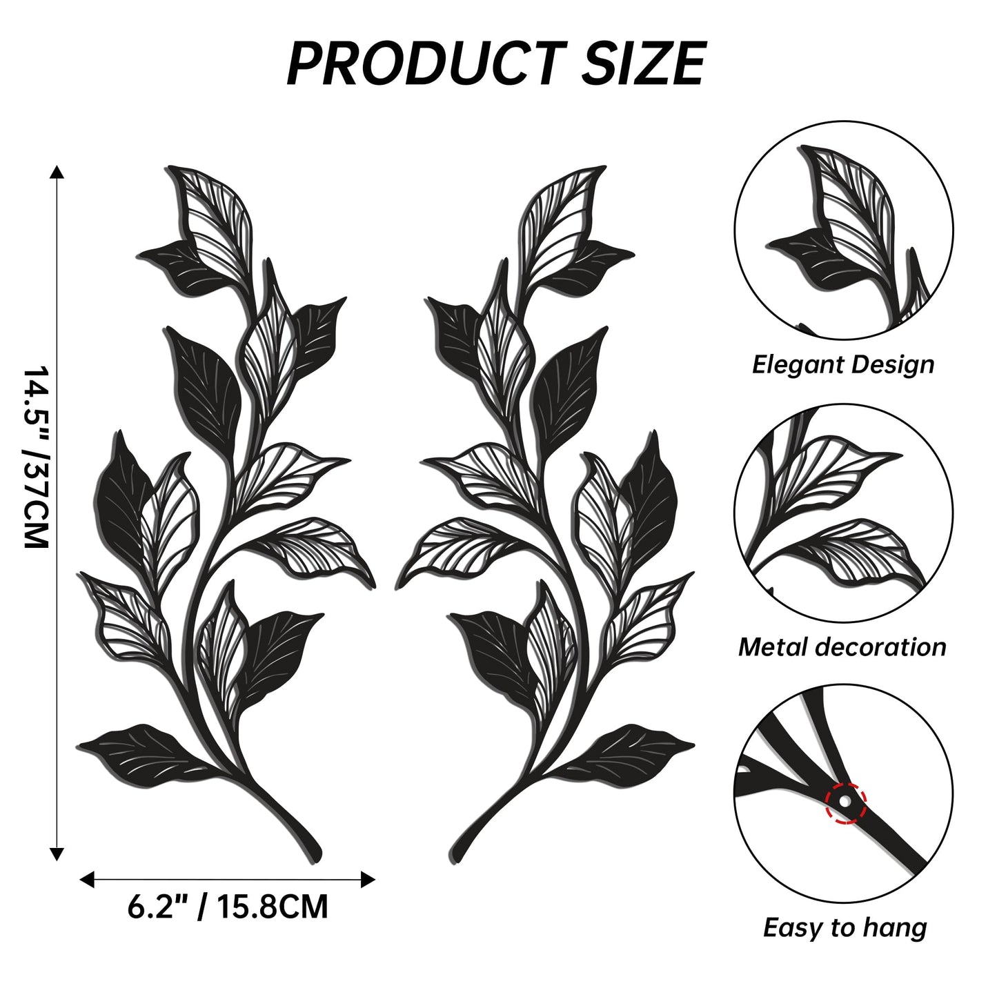 Slickss 14.6" 2 Pieces Metal Leaf Wall Art, 1mm Thick Matte Black Minimalist Vine Branch Decor, Above Door Bed Wall Hanging with Nail & Adhesive Mount Kit, Farmhouse Boho Decor for Home