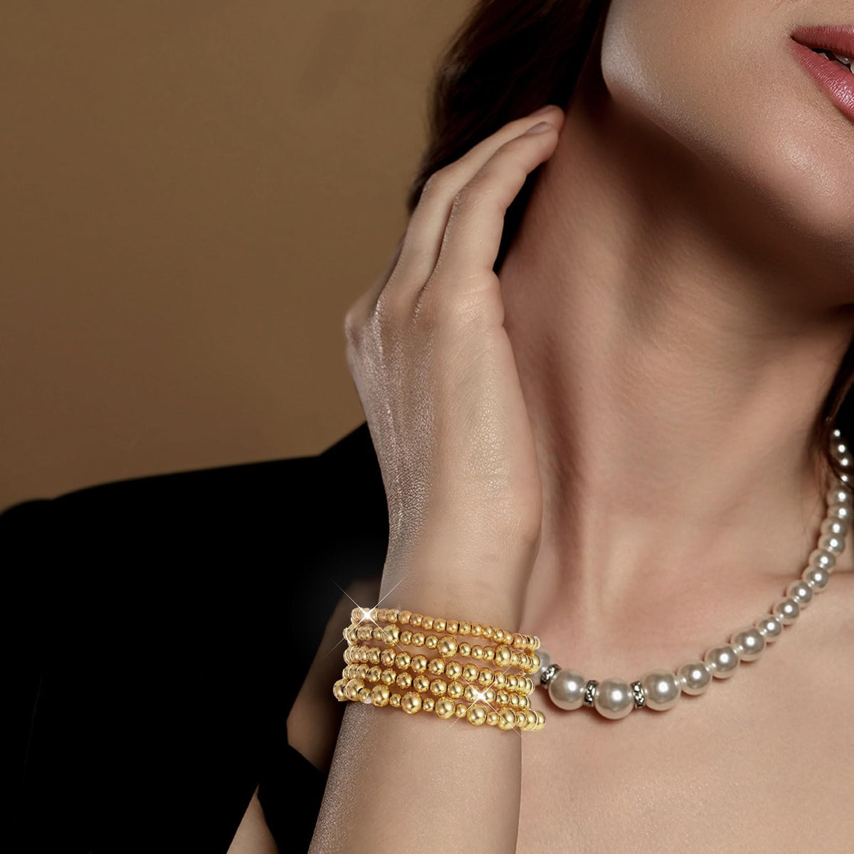 Ecation 10 Pcs Beaded Bracelets for Women Chunky Stacking Plated Bead Ball Stretchable Bracelets Set Natural Pearl Jewelry(Gold)