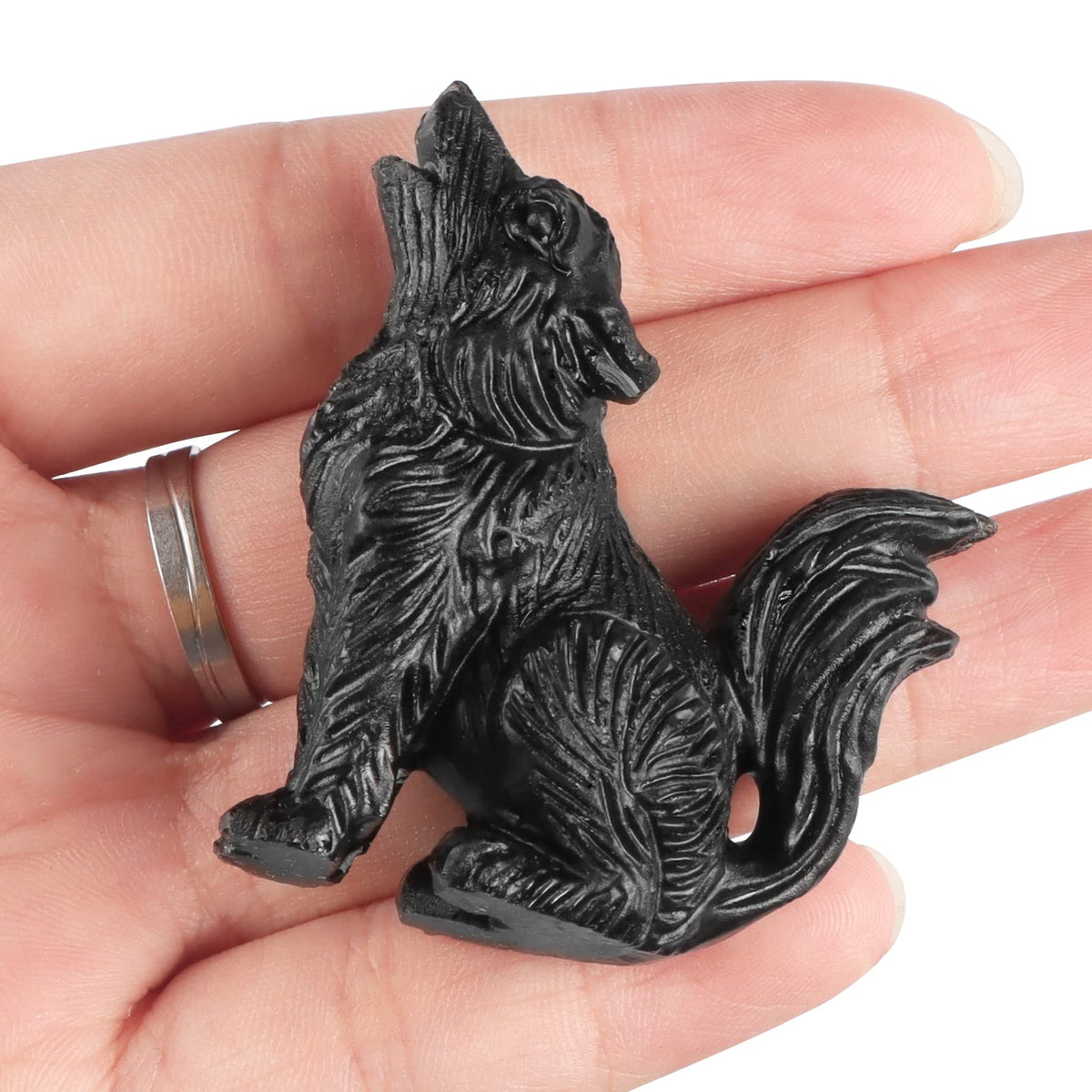 LEADGEM 2.0" Black Obsidian Big Tail Wolf Figurine Healing Crystal Stone Statue Carved Sculpture Paperweight Ornaments Fengshui Home Office Decor Gifts