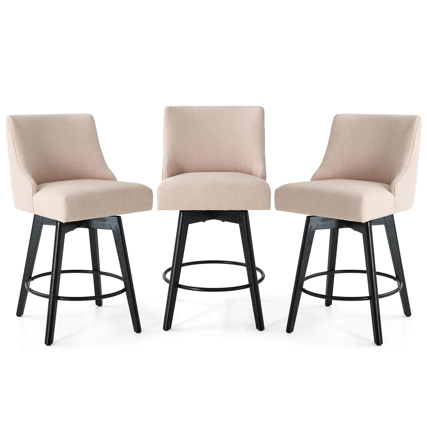 Vipbear Counter Height Bar Stools Set of 3, 26" H Swivel Bar Stools with Backs, Linen Fabric Upholstered Bar Chairs with Solid Wood Legs for Kitchen Island, Dining Room, Home Bar, Beige