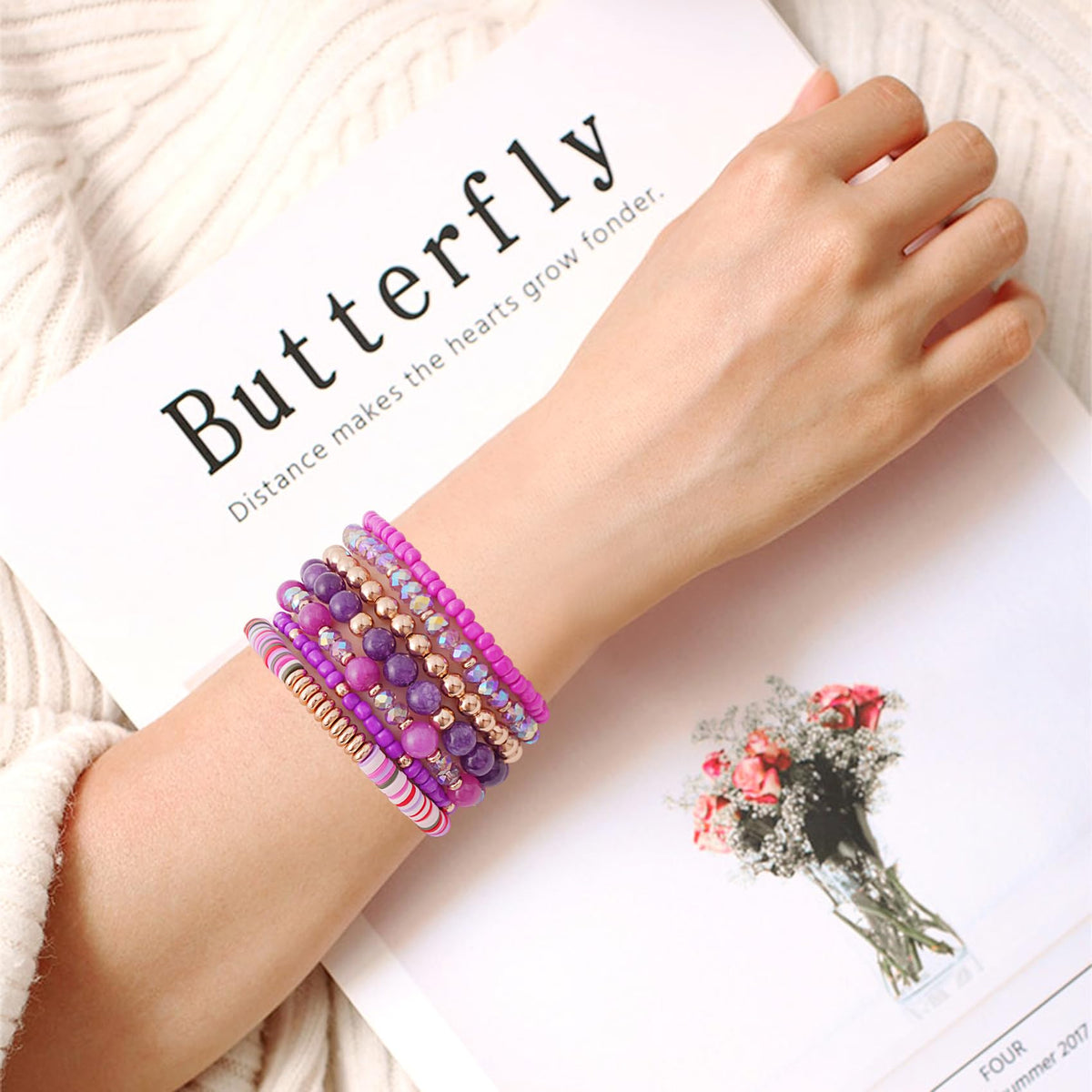 GOOJIDS Surfer Heishi Clay Bead Bracelets for Women Bohemian Stackable Gold Plated Beaded Stretch Bracelets Elastic Layering Friendship Bracelets Set Boho Jewelry