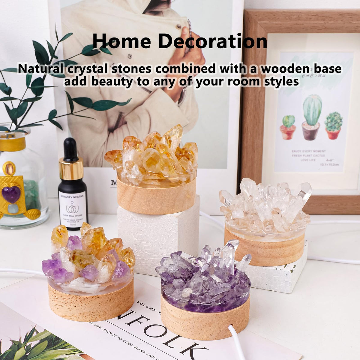 Runyangshi Natural Amethyst Crystal Night Lamp Bedroom Bedside Sleep Night Light Healing Crystal Gemstone Quartz Light Ambient Light USB Powered Night Decorations Desktop Ornament for Home Decor Gift