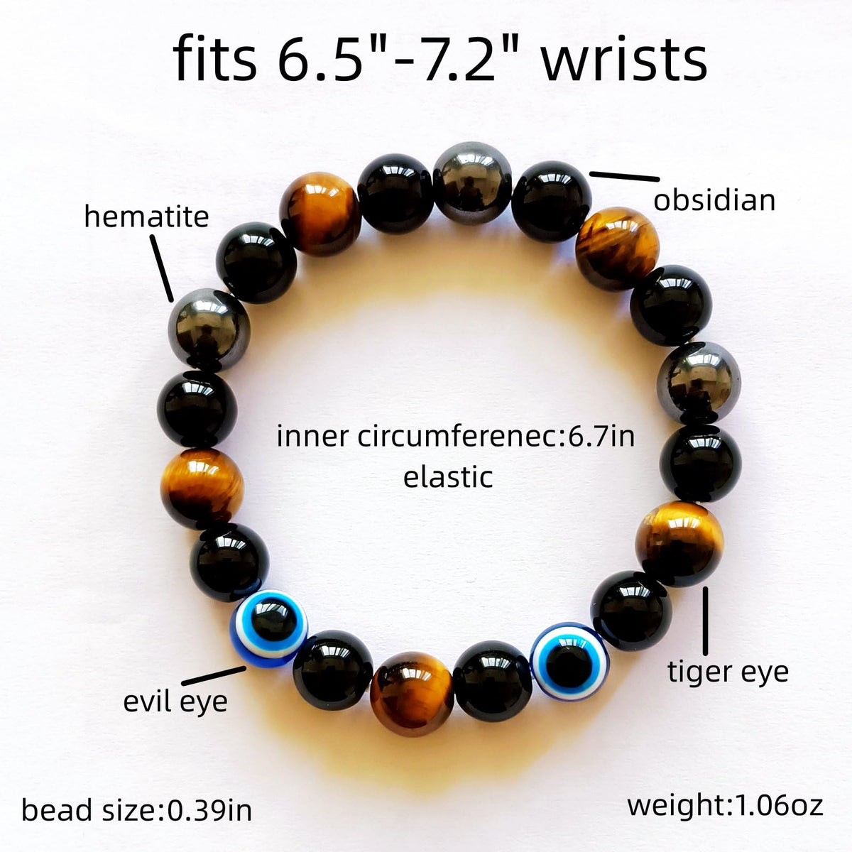 WEFRIN Evil Eye with Hematite Black Obsidian Tiger Eye Stone Triple Protection Bracelets for Men Women, Crystal Healing Stone Bracelet Bring Luck Prosperity and Happiness Jewelry (D-10mm)