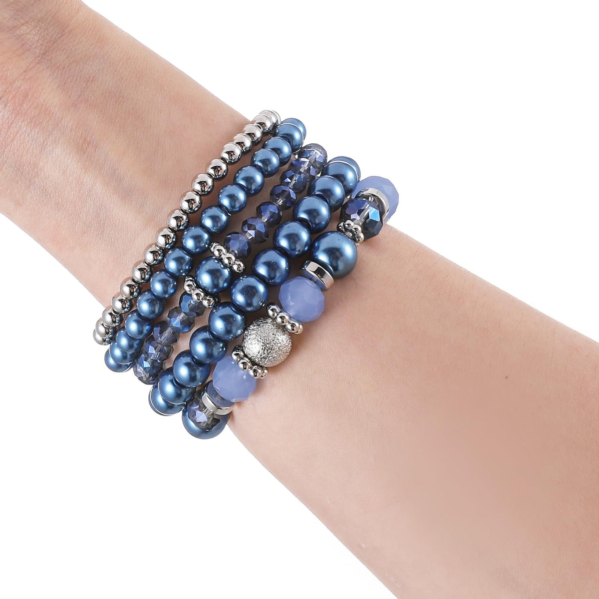 DIVINA VITAE 5 Pcs Beaded Stretch Bracelets Blue Stackable Bracelets Crystal Bead Bracelet Boho Beaded Bracelets Stretch Layering Crystal Stone Beaded Bracelets Trendy Costume Jewelry Gifts for Women