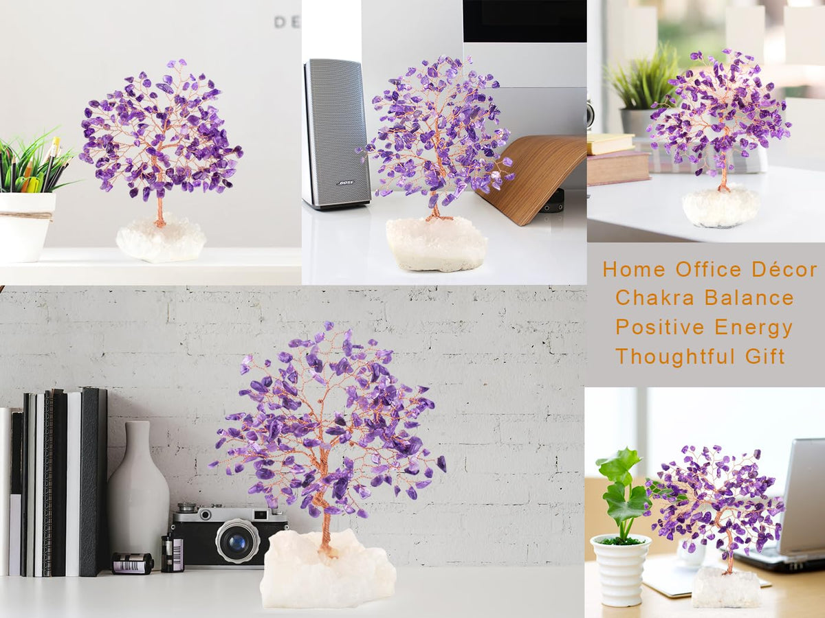 MASGEMES Natural Amethyst Crystal Tree of Life,Clear Quartz Cluster Base,Healing Crystals Positive Energy Gem Money Tree Bonsai,Feng Shui Decor,Spriture Gift Size 5.5"-6.3"
