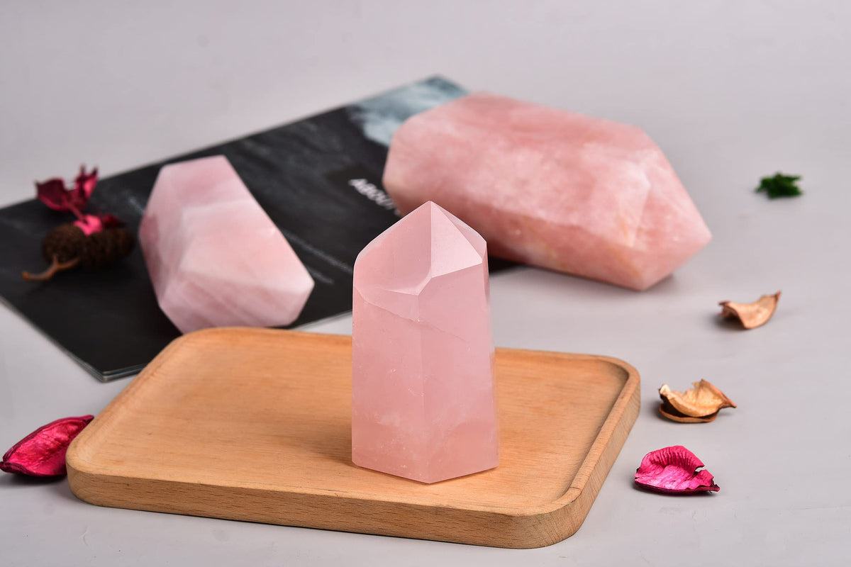 AMOYSTONE Rose Quartz Obelisk Tower Large Healing Crystal Wand Point 6 Faceted Reiki Chakra Meditation Stone Pink 1.1-1.7 LBS