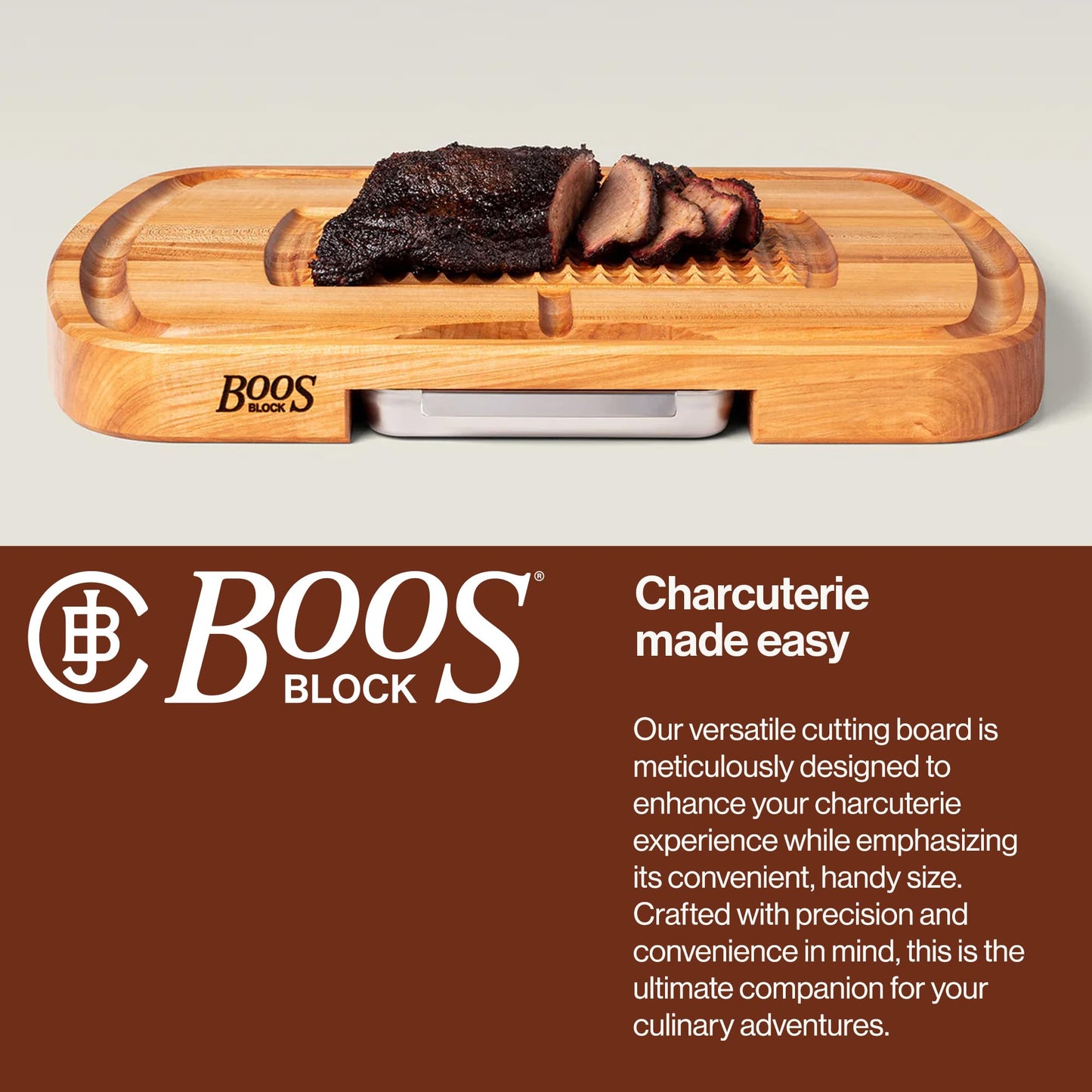 John Boos Maple Wood Cutting Board, 24”x18” – 2.25” Thick, 31-lb Reversible Wooden Butcher Block with Catch Pan, Sloped Juice Groove, Edge-Grain & Finger Grips - Carving Series