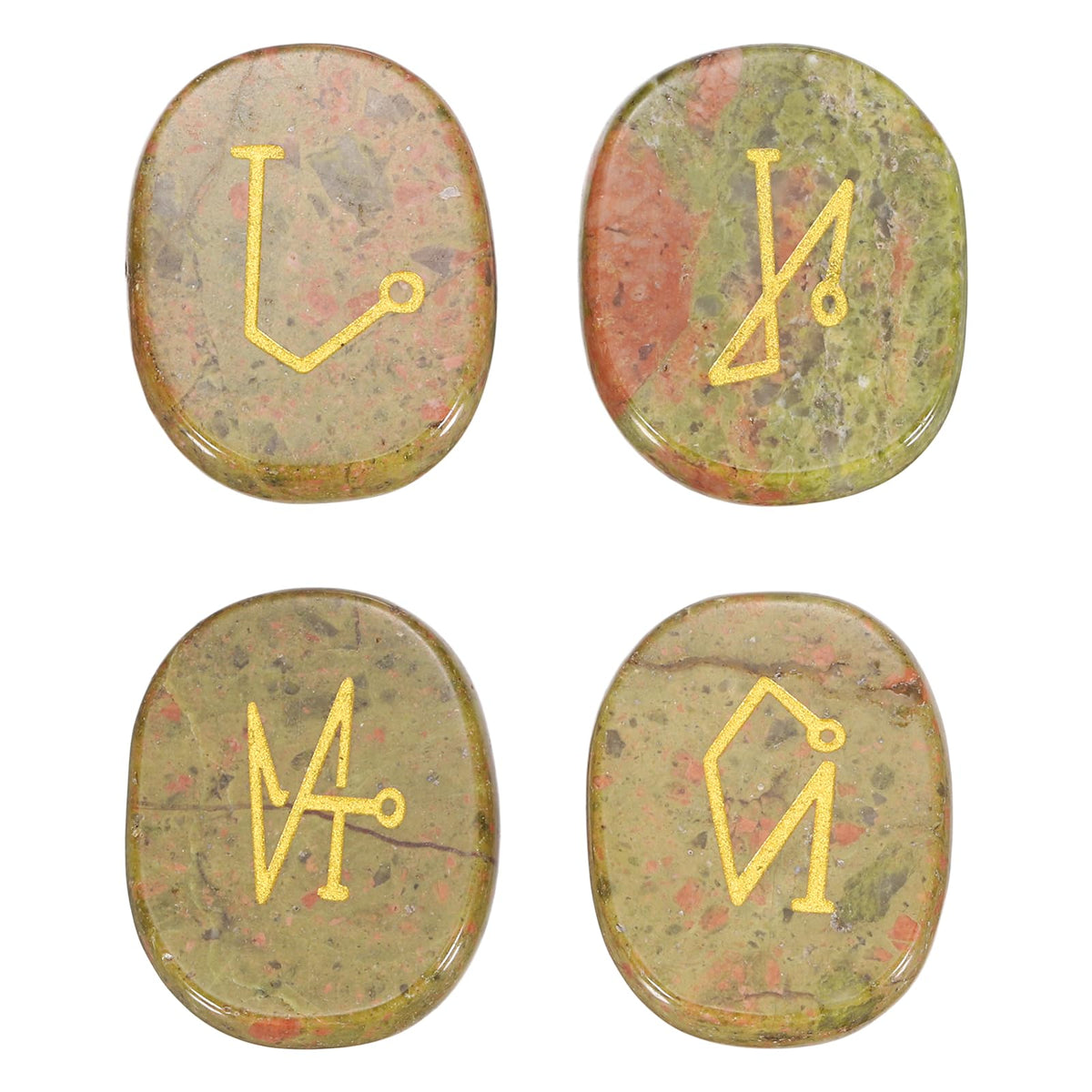 MECCANIXITY 4Pcs Engraved Chakra Stones with Reiki Symbols, Green Jasper Reiki Healing Crystal Gemstone 7 Chakra Crystal Stones Tumbled Palm Stone for Anxiety Relieve