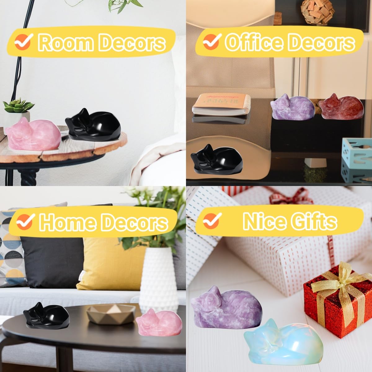 YATOJUZI 2" Cat Decors Statue Opal Moonstones Crystals Opalite Sleeping Cats Gemstone Hand-Carved Cute Animal Figurines Home Office Desk Decor Stocking Stuffers Cat Themed Ornaments Gifts for Women