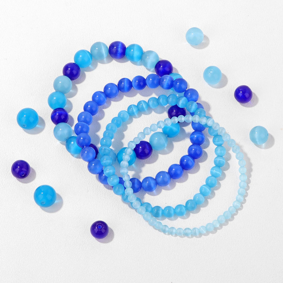 Vinswet 4pcs Natural Stone Beaded Bracelets for Women Men,Healing Crystal Gemstones Stretch Bracelet,4mm 6mm 8mm 10mm Light blue cat eyes Anxiety Stress Relief Bracelet Jewelry Gifts