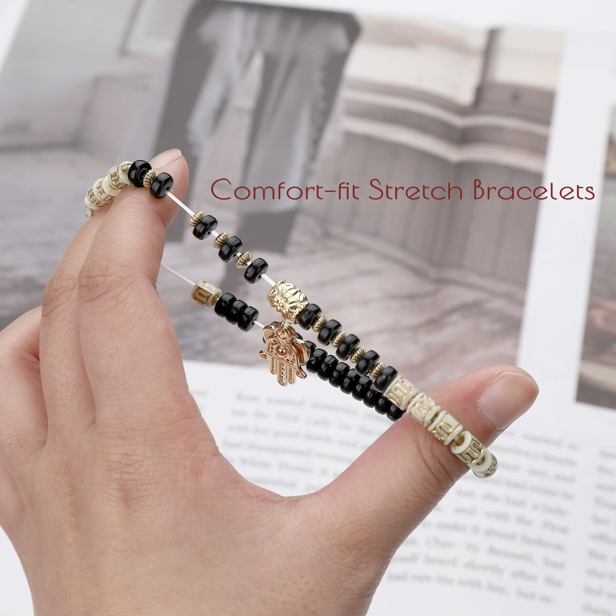 MILACOLATO Bohemian Bead Bracelets Set, Multilayer Evil Eye Stackable Bracelets, Comfort-Fit Stretch Bracelets for Women 6 Sets