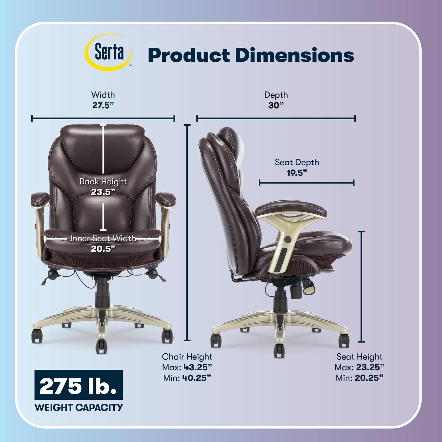 Serta Claremont Ergonomic Executive Office Chair with Back in Motion Technology, Adjustable Mid Back Desk Chair with Lumbar Support, Bonded Leather, Chestnut Brown