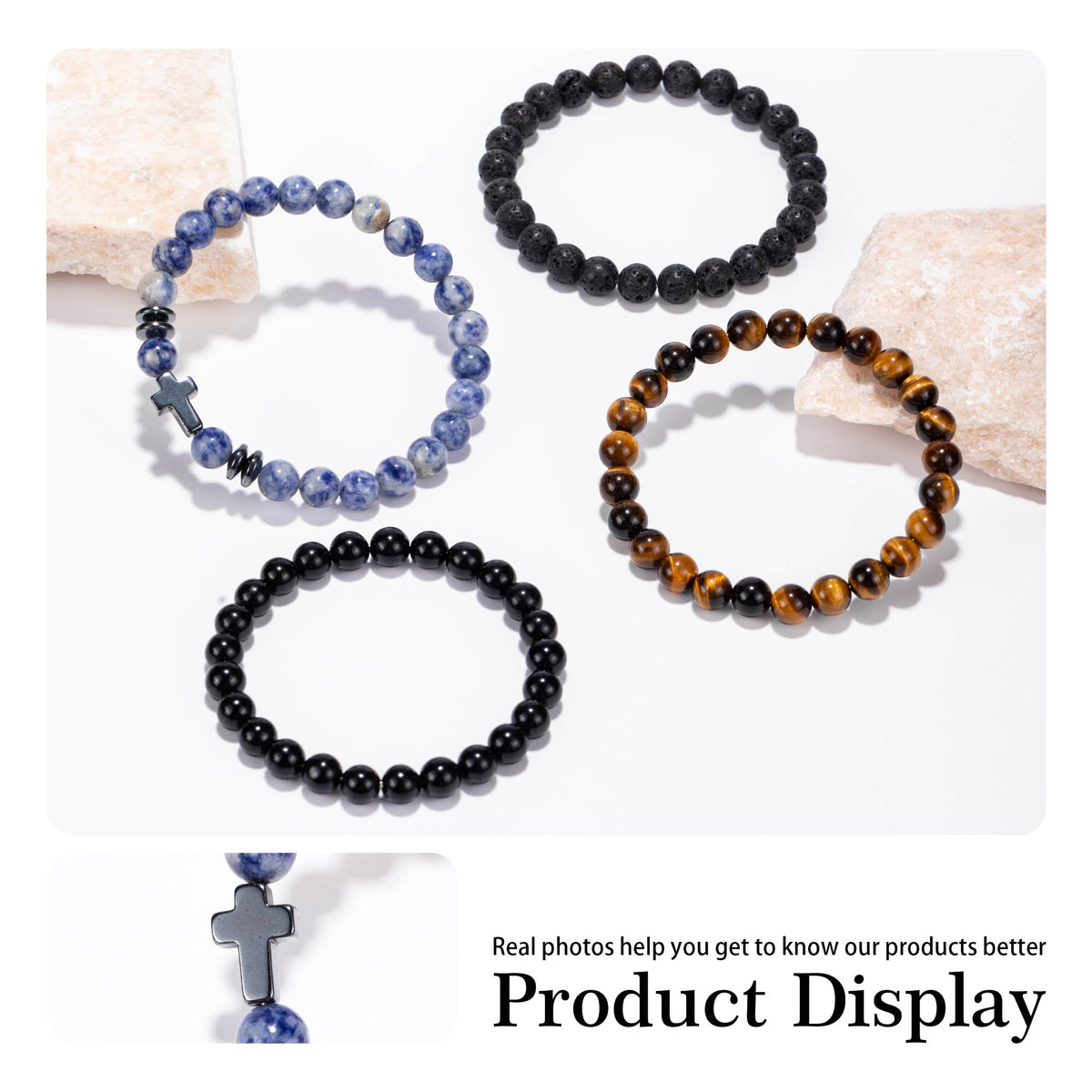 Crystery Men Beaded Bracelets, 8mm Natural Stone Bracelet, Healing Crystal, Jewelry Gifts for men, Triple Protection, Blue Spot Stone, Tiger Eye, Black Obsidian Beads Bracelets, Lava Rock, Pack of 4