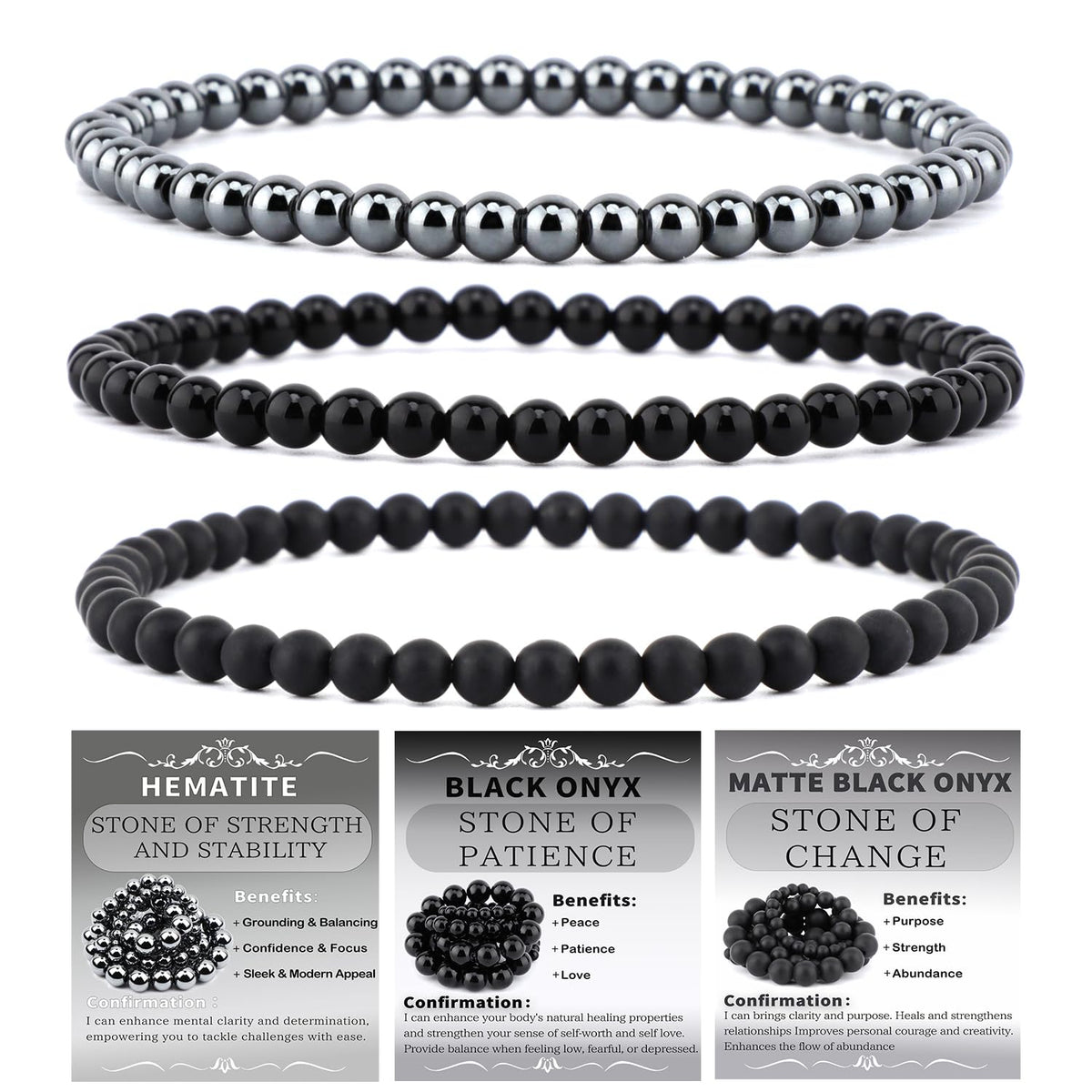 NCB 3-Piece 4mm Natural Crystal Gemstone Stretch Bracelets – ﻿Black Onyx, Hematite, Matte Black Agate Handmade Reiki Energy Healing Jewelry for Meditation,Yoga, Unisex