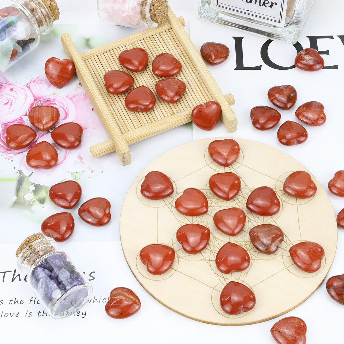 NUKAYAI 20PCS Red Jasper Heart Healing Crystals Set Stones Love Shaped Polished Crystal Natural Cute Pocket Thumb Reiki Wholesale Set Gifts Balancing Meditation Gifts for Women Mother's Day