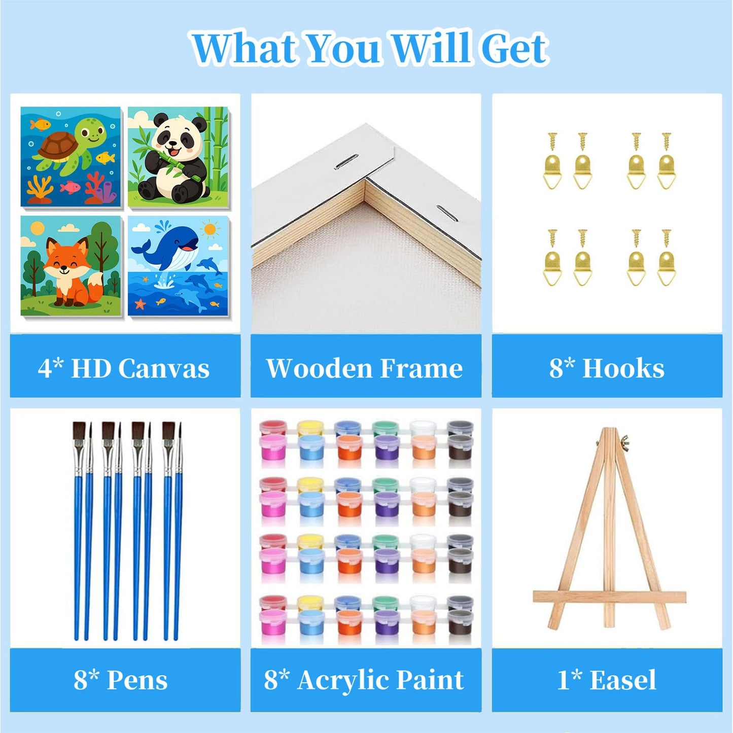 Arttoplus 4 Pack Paint by Numbers Kit for Kids with Frame,Cute Animals Kids Paint by Numbers Ages 4-6-8 with Wooden Easel,Easy DIY Acrylic Oil Painting by Number for Gift Home Wall Decor(8x8 inch)