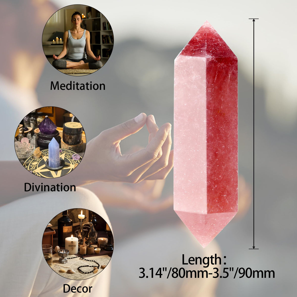 YATOJUZI 3.5" Strawberry Quartz Healing Crystals Wand Natural Crystals and Healing Stones Large Hexagonal Strawberry Quartz Crystal Points for Meditation Divination Reiki Energy Balancing 1PCS