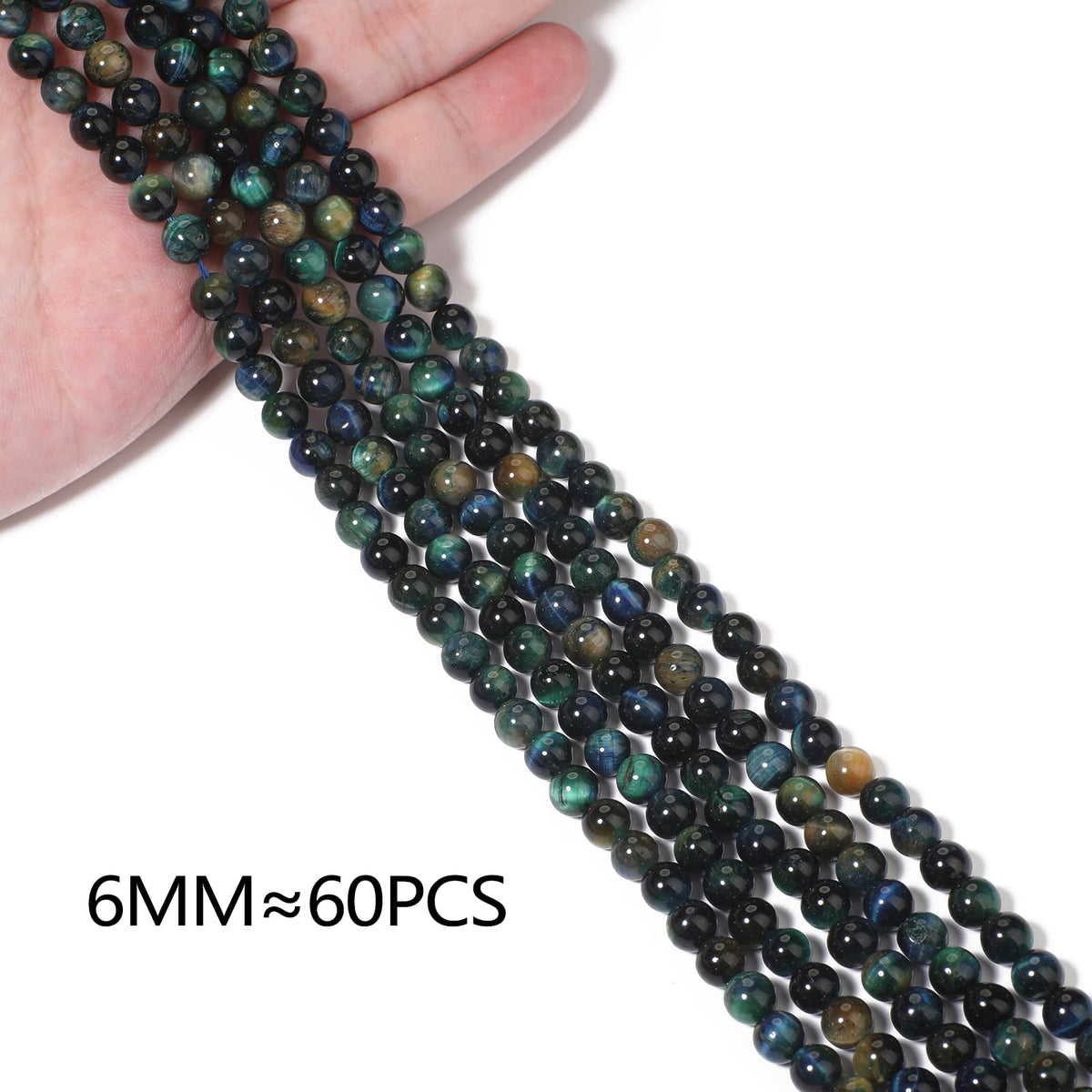 Yochus Natural Tiger Eye Beads, 60Pcs 6MM Milky Way Blue Green Color Enhance Round Loose Stone Bulk, DIY Charm Smooth Gemstone Beads for Jewelry Making