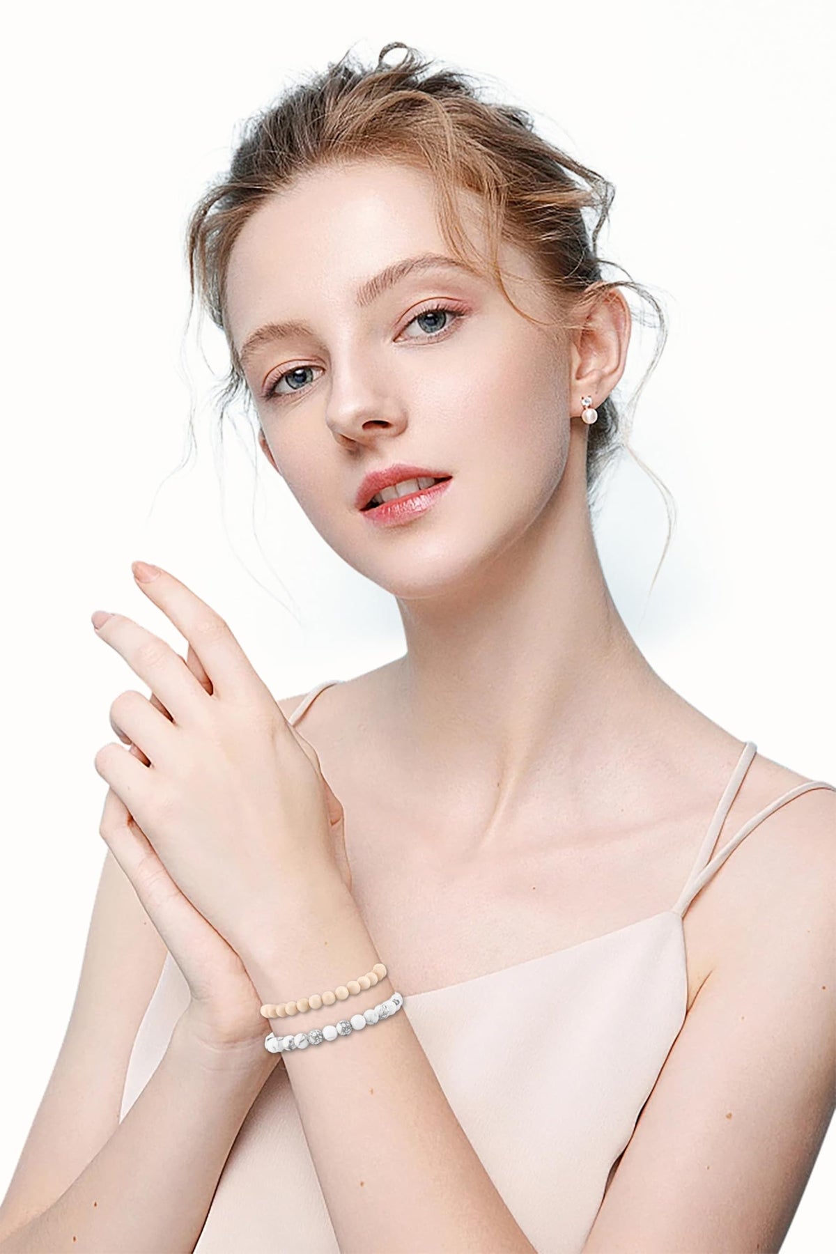 NCB 2-Piece 6mm Natural Crystal Gemstone Stretch Bracelets – ﻿Howlite, White Fossil Jasper Handmade Reiki Energy Healing Jewelry for Meditation,Yoga, Unisex