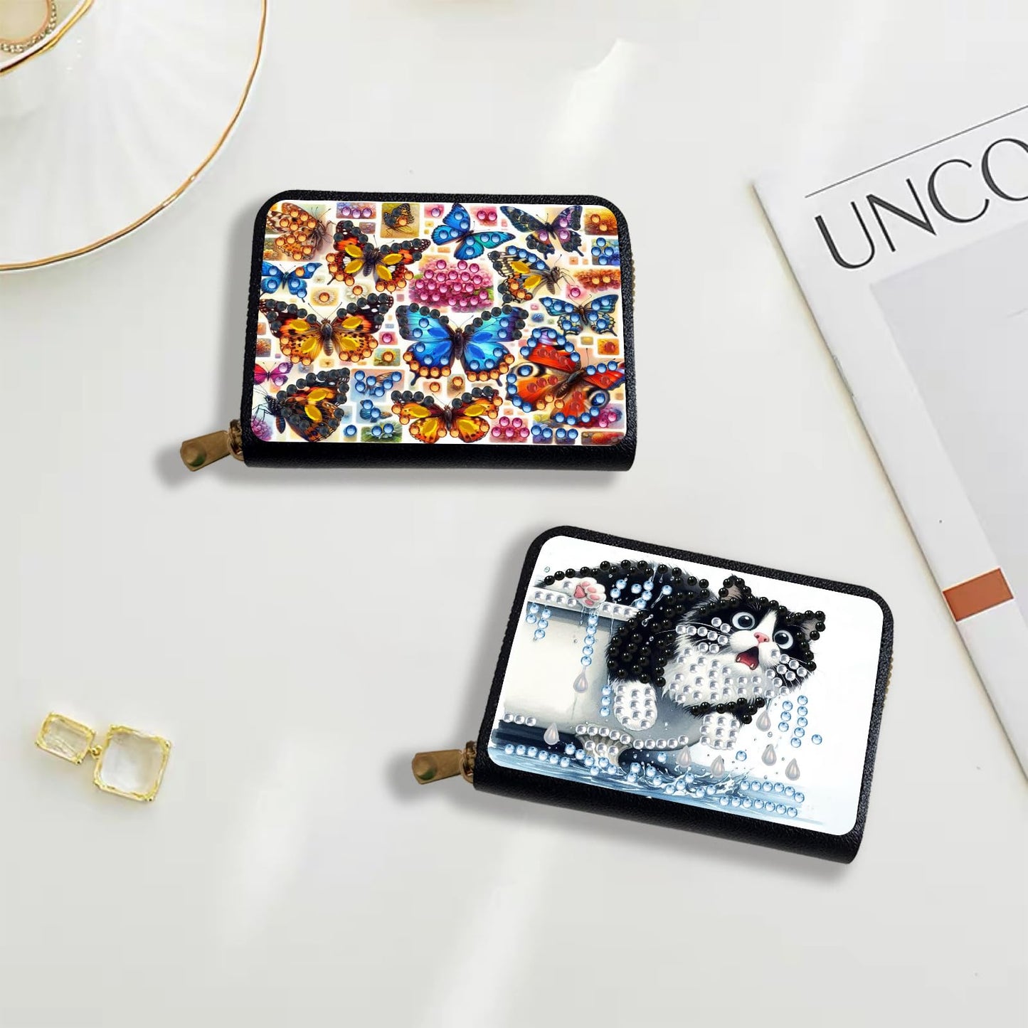 4pcs Butterflies Animals Pattern Diamond Art Painting Minimalist Wallet DIY Rhinestone Painting Art Kit Credits card Pocket Organizer Storage Bag Handmade Craft Gift for Holidays and Everyday Use