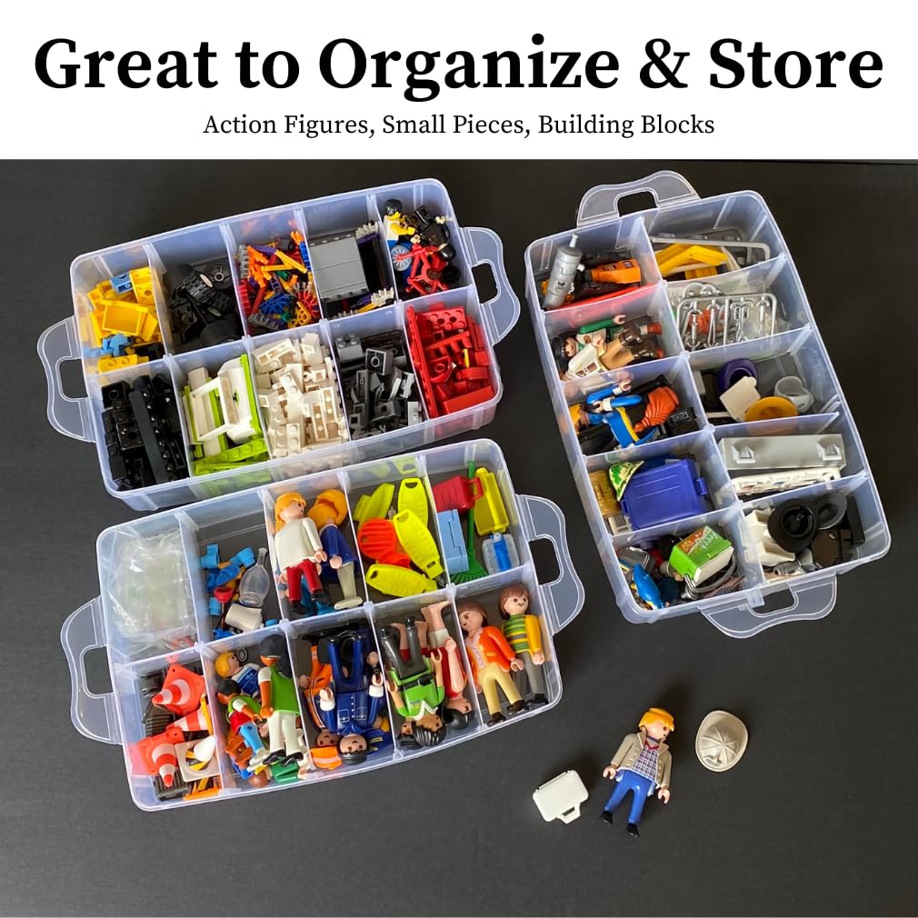 Evelots Storage Container Box, 3 Tier Stackable Snap-On Trays 30 Compartments with Adjustable Dividers for Arts & Crafts Storage, Jewelry Bead Organizers, Toys or Beauty & Sewing Supplies - Clear