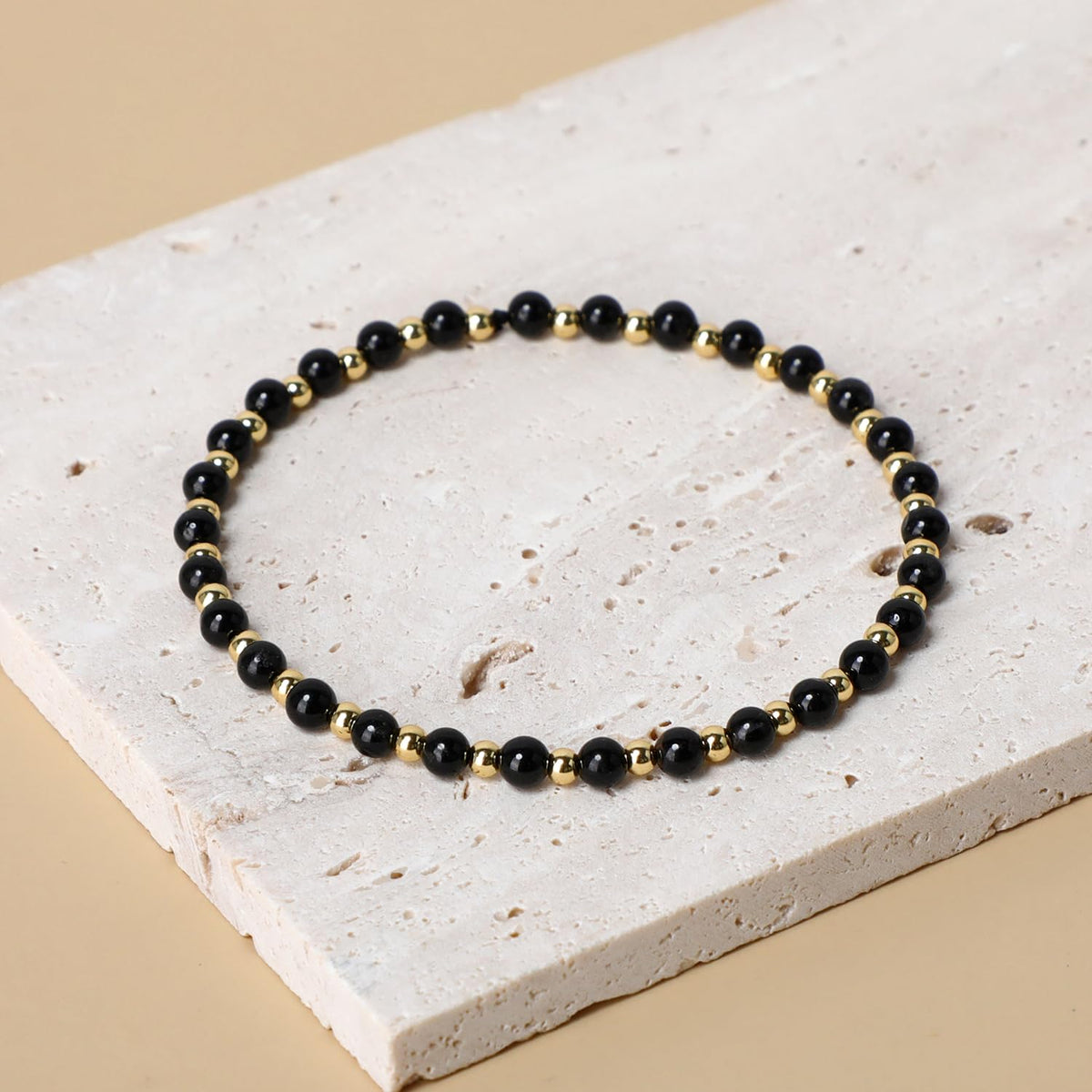 QOGIR Black Tourmaline - Psychic Protection - 14K Gold Plated Beads Natural Gemstone Stretch Elastic Dainty Healing Beaded Bracelets Gifts 4mm