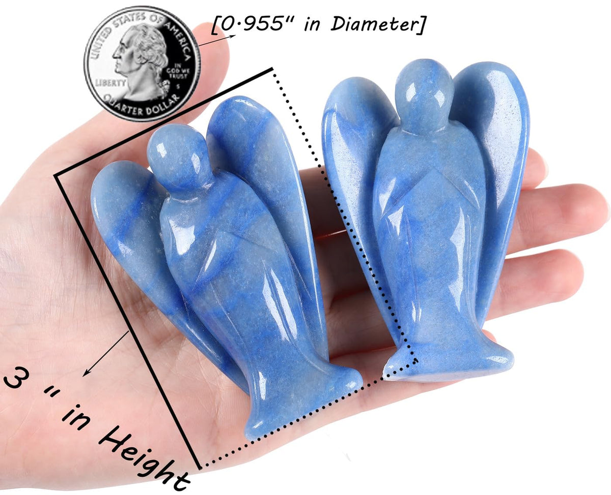 QINJIEJIE 3" Blue Aventurine Crystal Angel Decor Healing Guardian Angel Stone Figurine Natural Gemstone Polished Pocket Big Peace Statue Room Desk Office Decorations Meditation Gift for Women