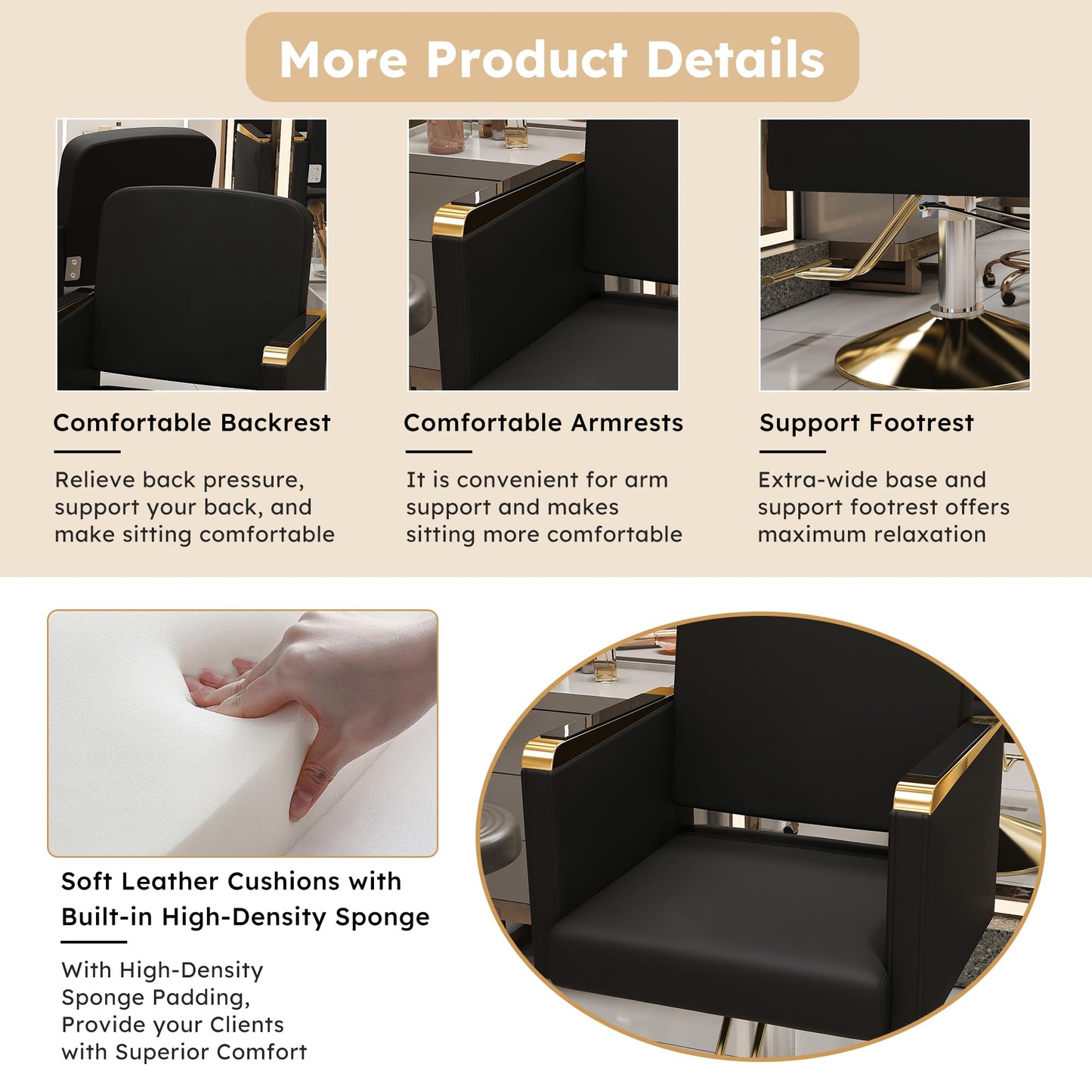 KEIKI Professional Salon Chair, 360° Swivel Hydraulic Barber Chair, Non-Tilting Styling Chair for Hair Salon, Tattoo & Beauty Spa, Black & Gold