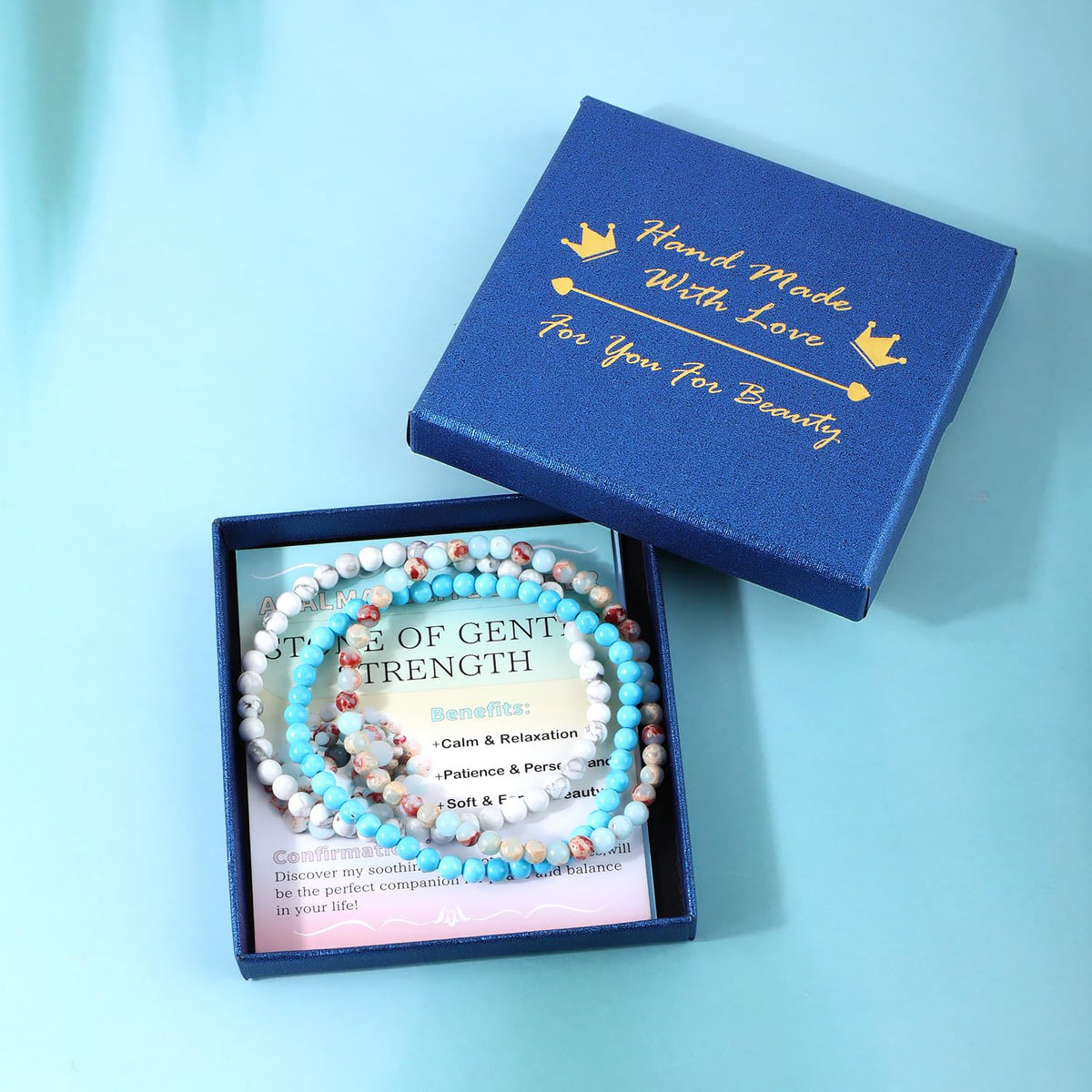 NCB 3-Piece 4mm Natural Crystal Gemstone Stretch Bracelets – ﻿Agalmatolite Jasper, Blue Turquoise, Howlite Handmade Reiki Energy Healing Jewelry for Meditation,Yoga, Unisex