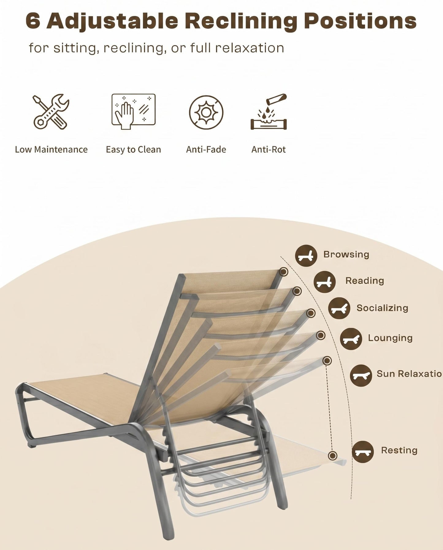 AreShark Aluminum Chaise Lounge Outdoor Set of 2,Textilene Patio Lounge Chair with 6-Position Adjustable Backrest,Stackable & Easy Assembly,Lightweight for Pool,Deck,Balcony,Lawn,Light Gray,Khaki